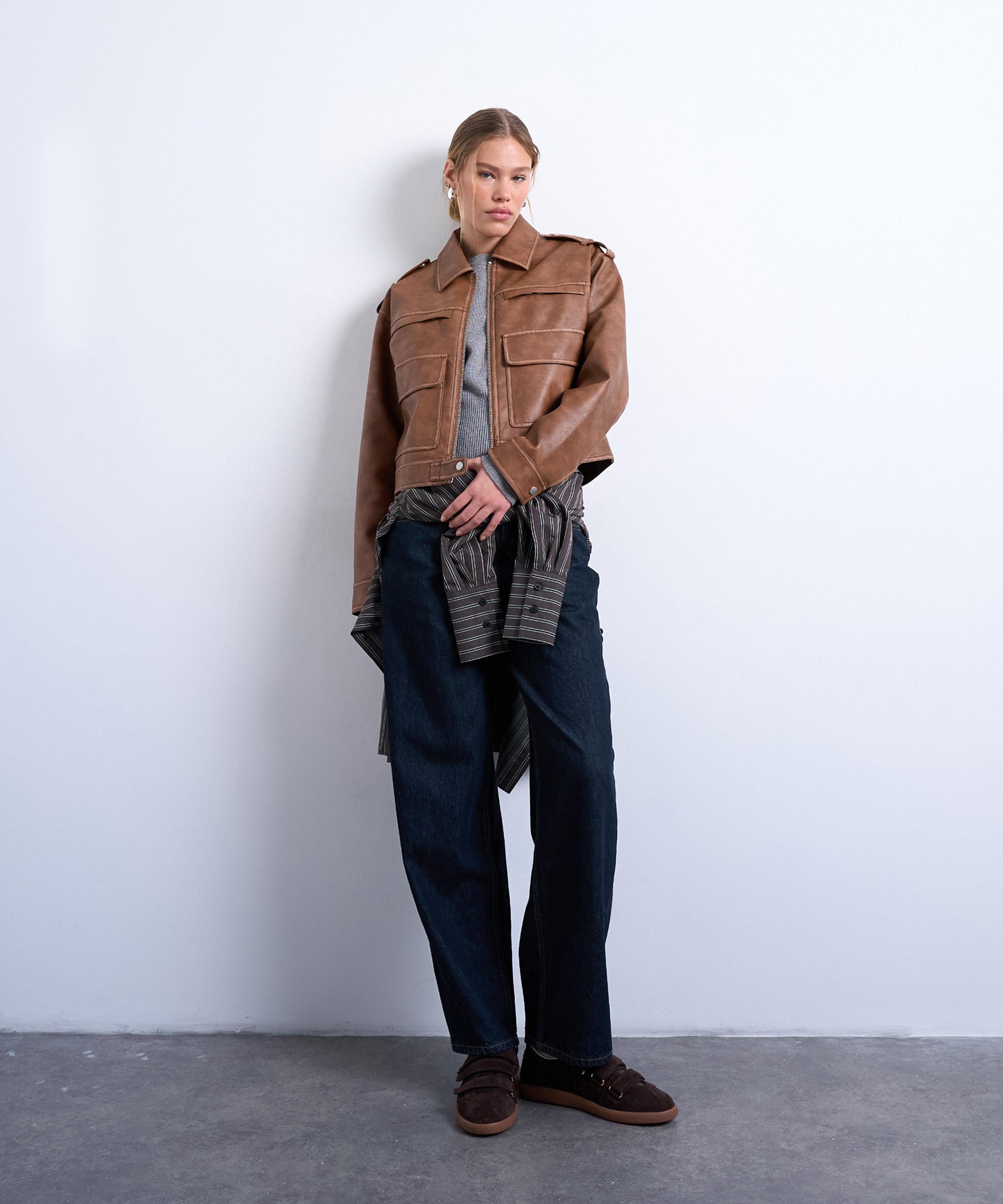 TOPSHOP - Washed Brown PU Zip-Through Jacket image number 1