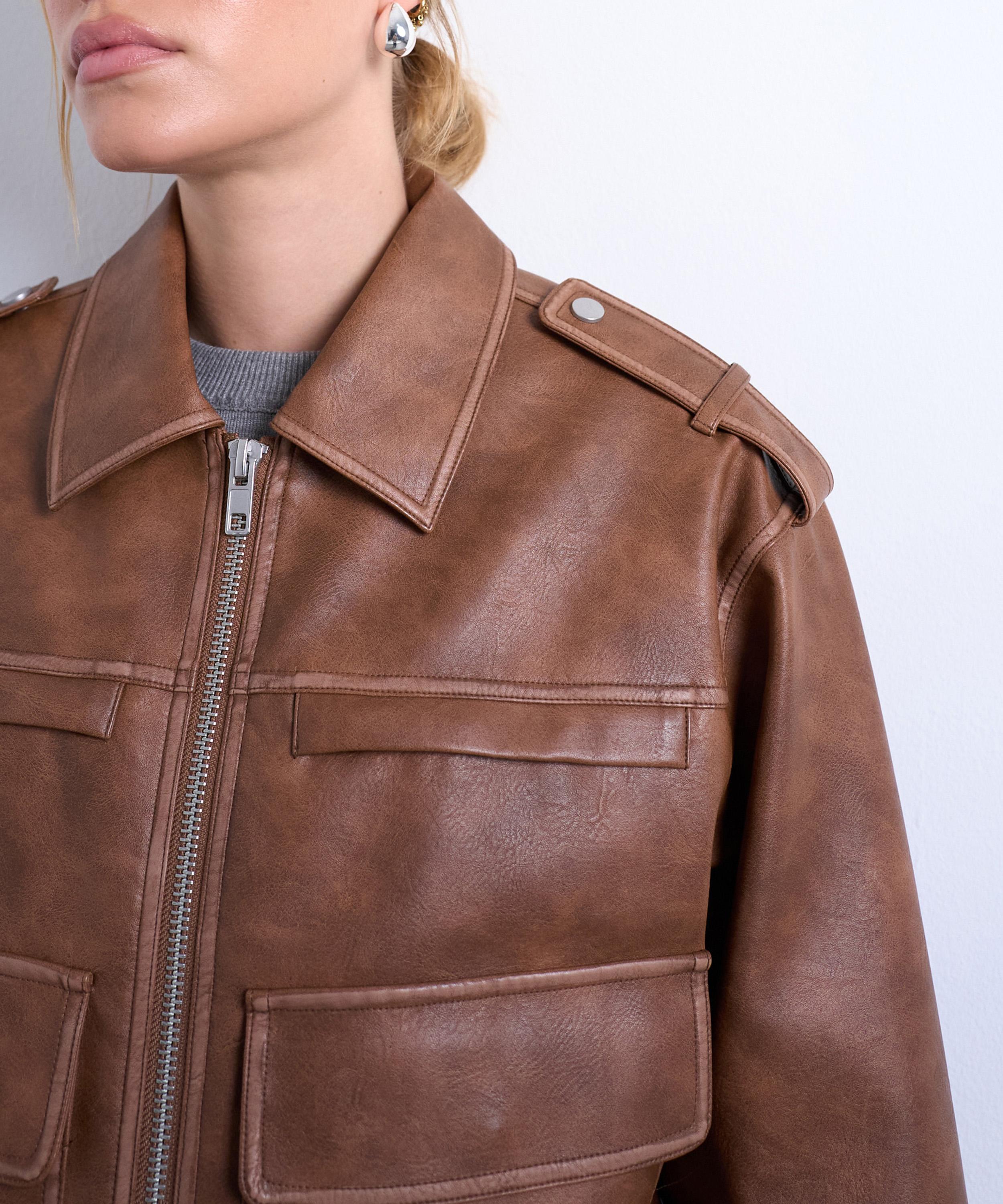 TOPSHOP - Washed Brown PU Zip-Through Jacket image number 2