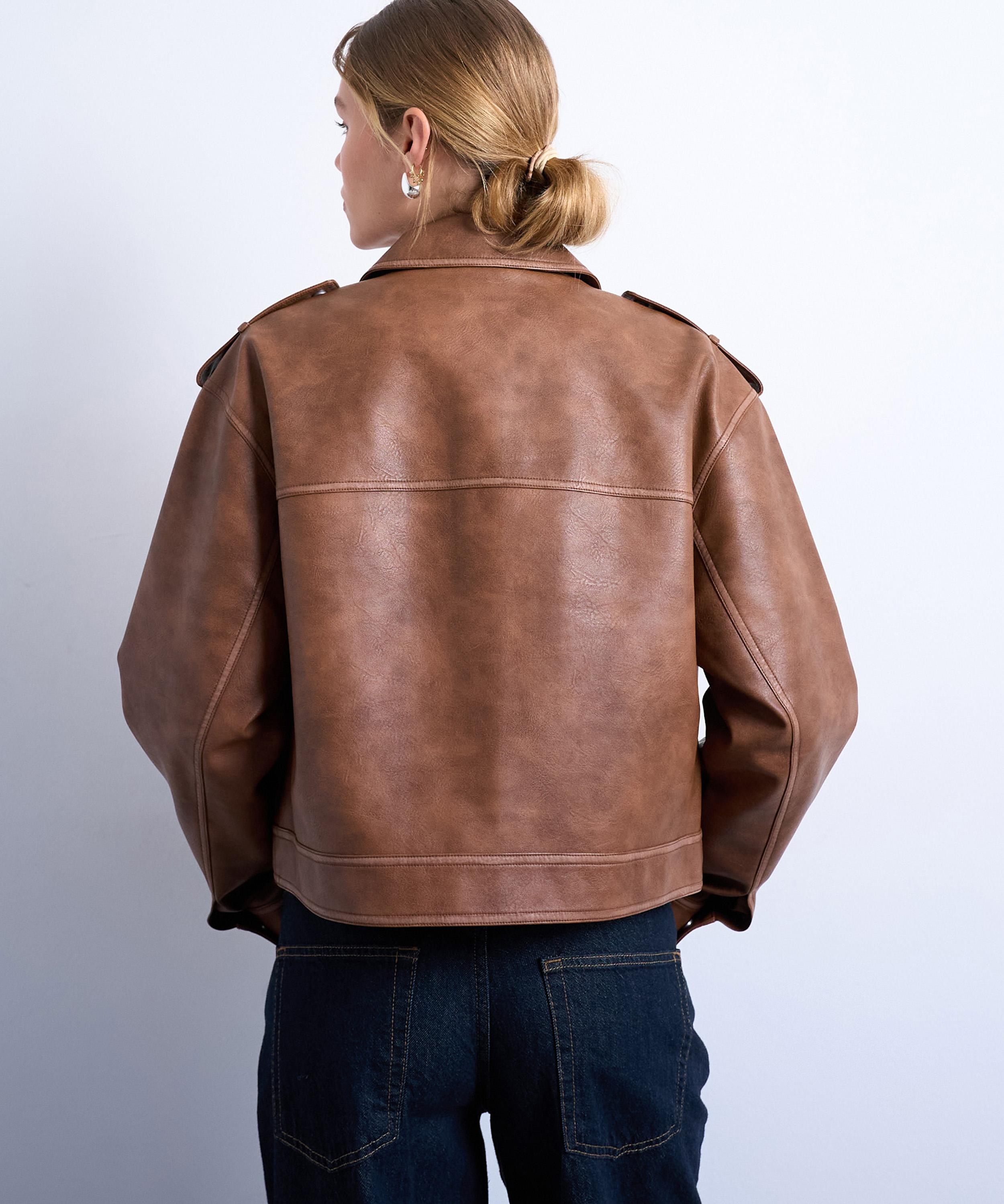 TOPSHOP - Washed Brown PU Zip-Through Jacket image number 3