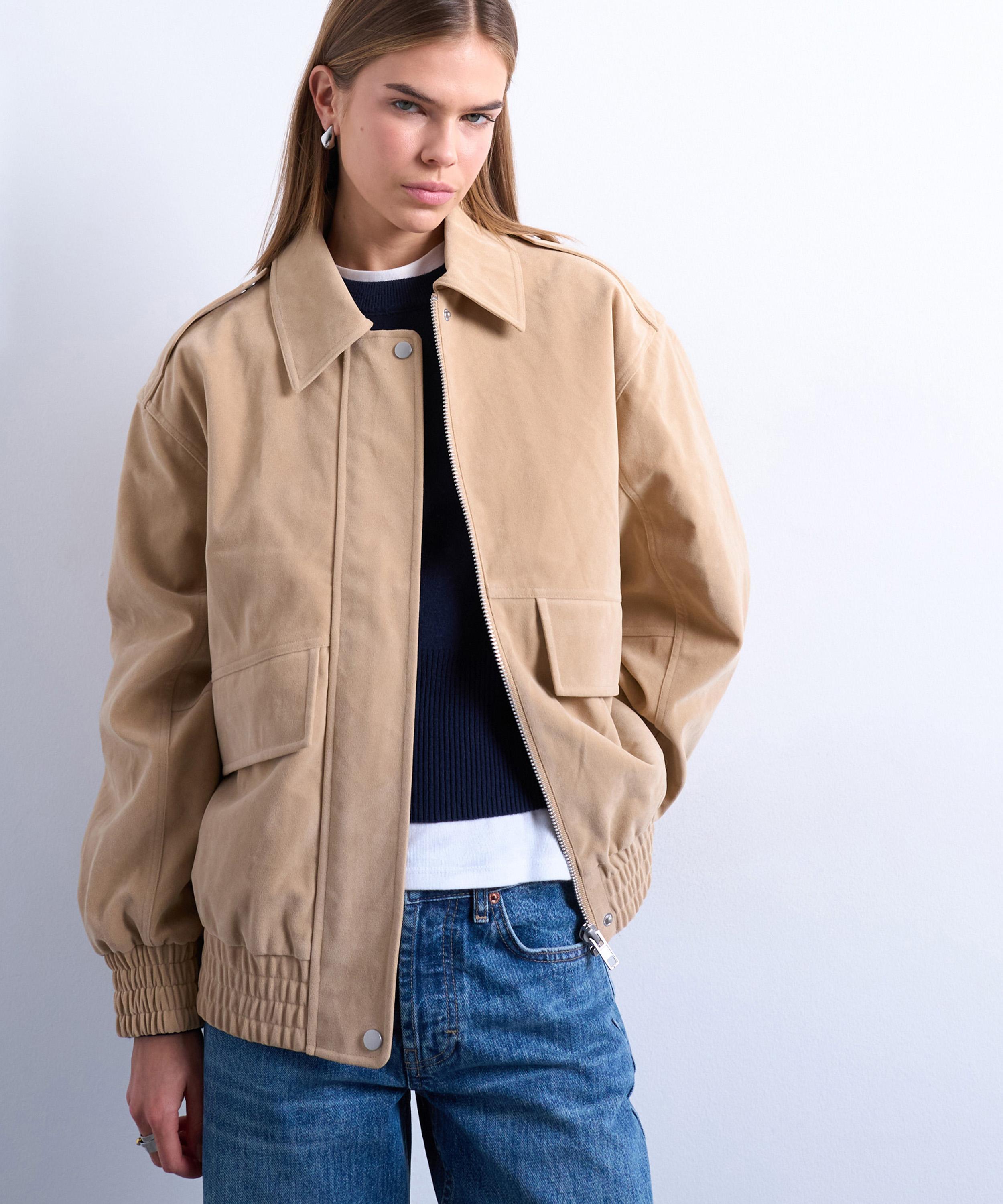 TOPSHOP - Stone Faux Suede Oversized Bomber Jacket