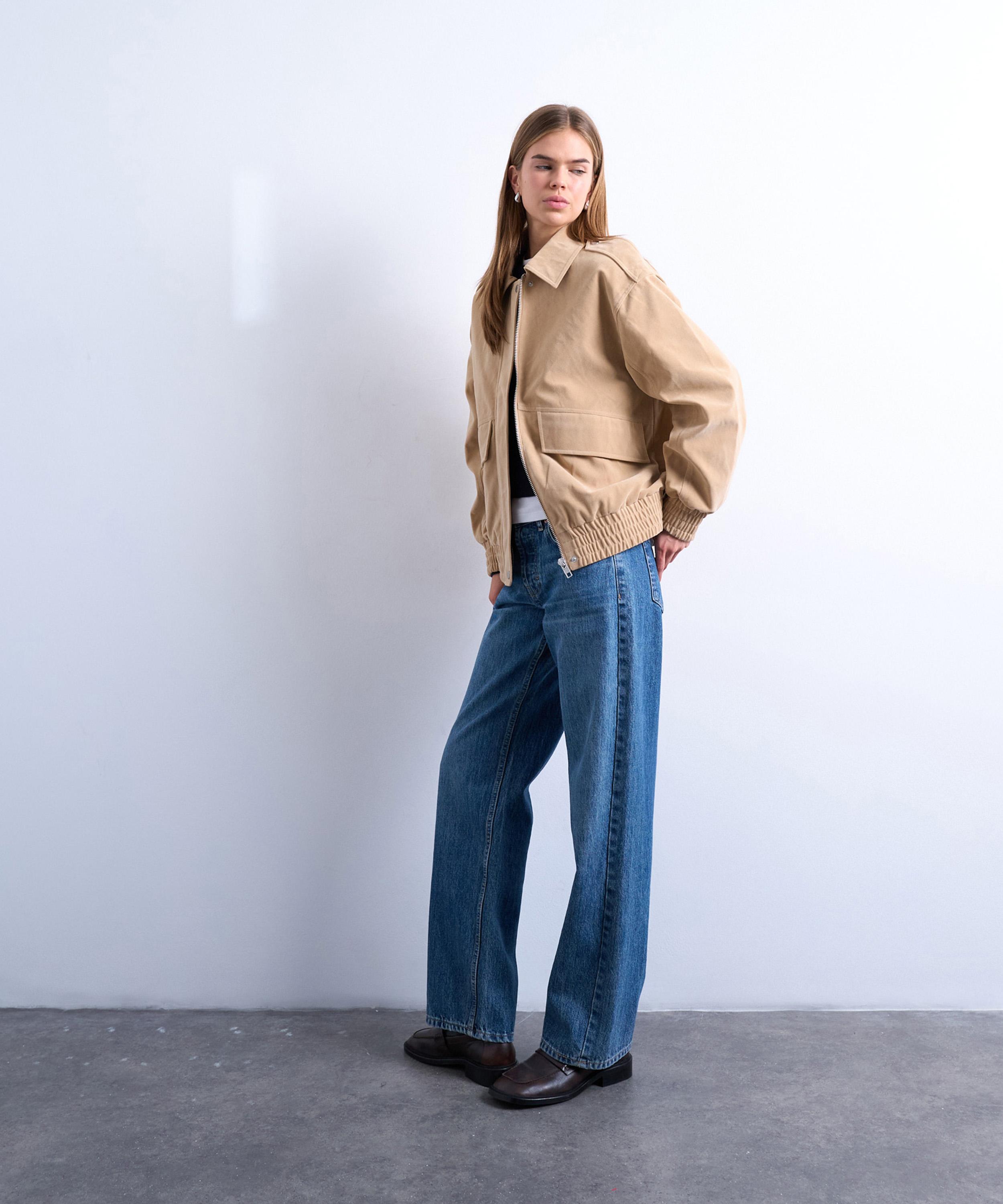 TOPSHOP - Stone Faux Suede Oversized Bomber Jacket image number 1