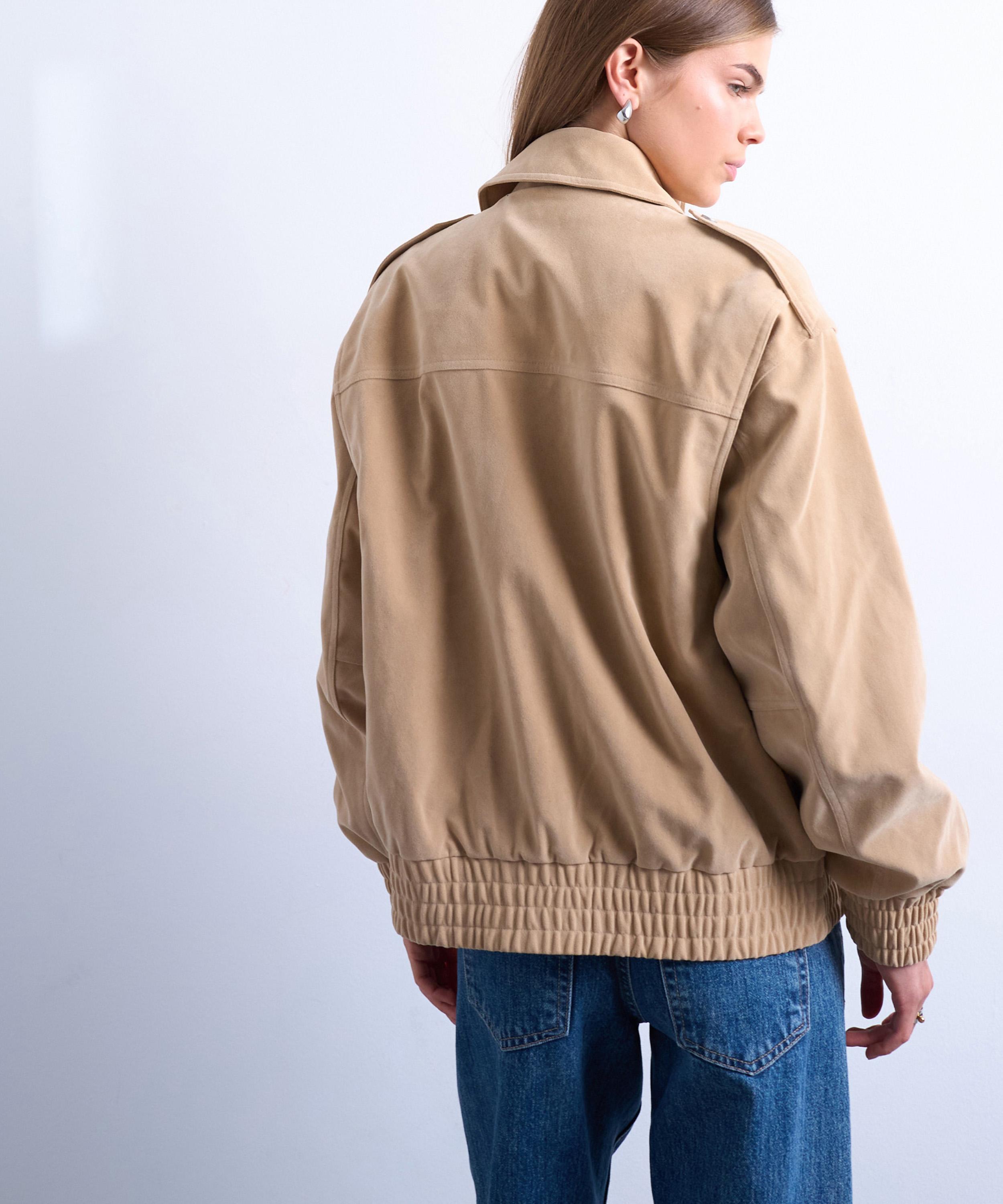 TOPSHOP - Stone Faux Suede Oversized Bomber Jacket image number 3