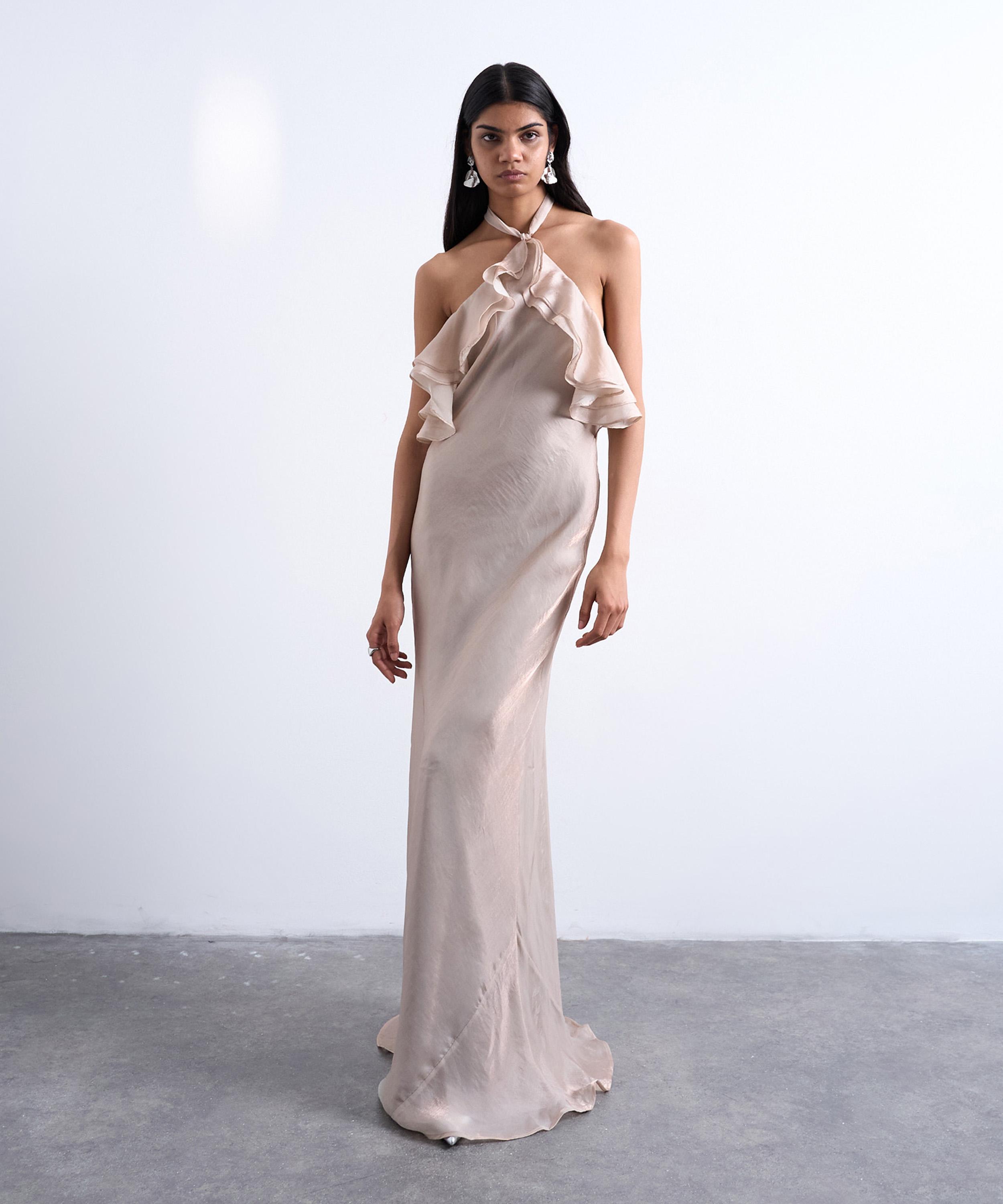 TOPSHOP - Iridescent Mink Frill Halter-Neck Maxi Dress
