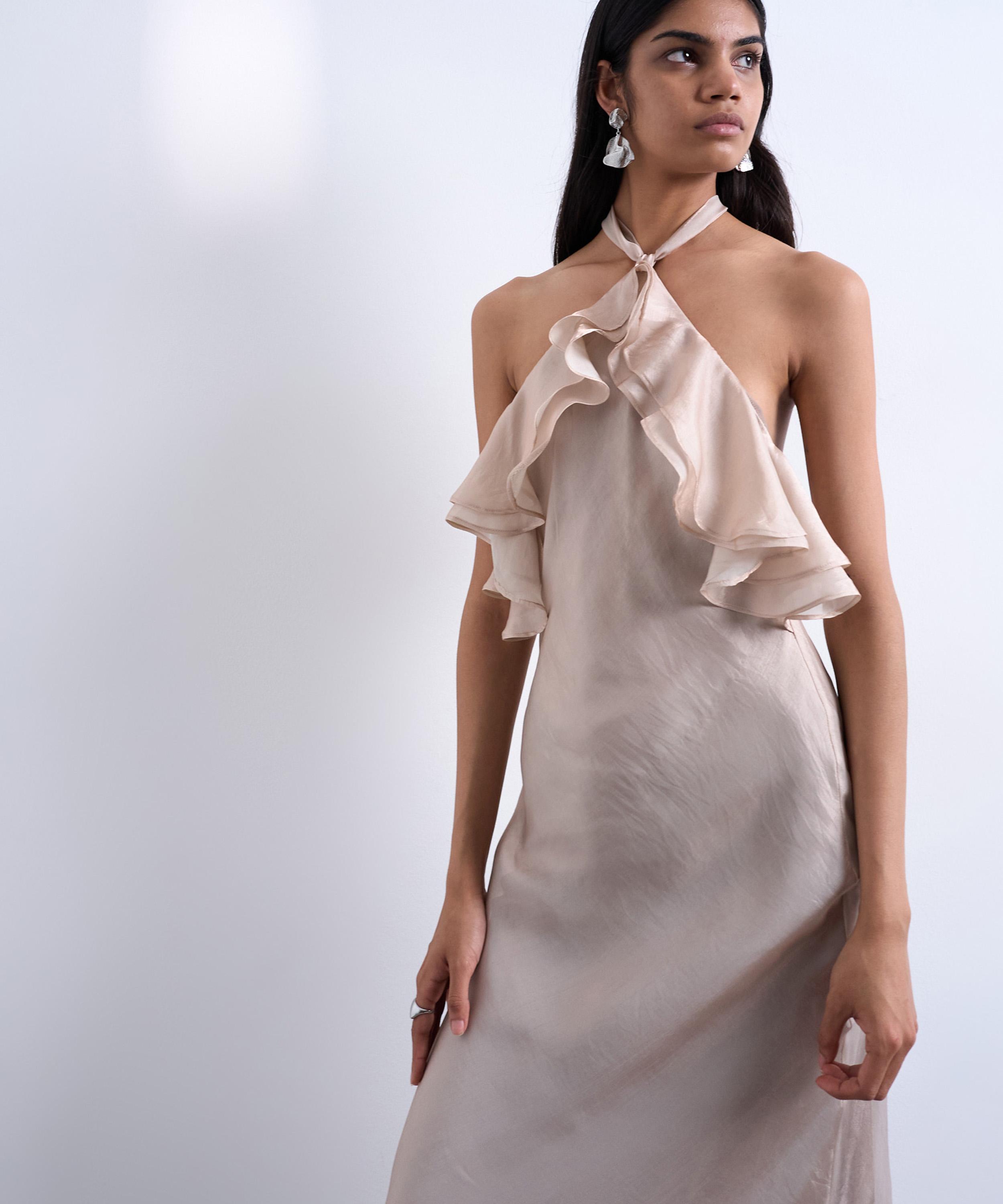 TOPSHOP - Iridescent Mink Frill Halter-Neck Maxi Dress image number 1