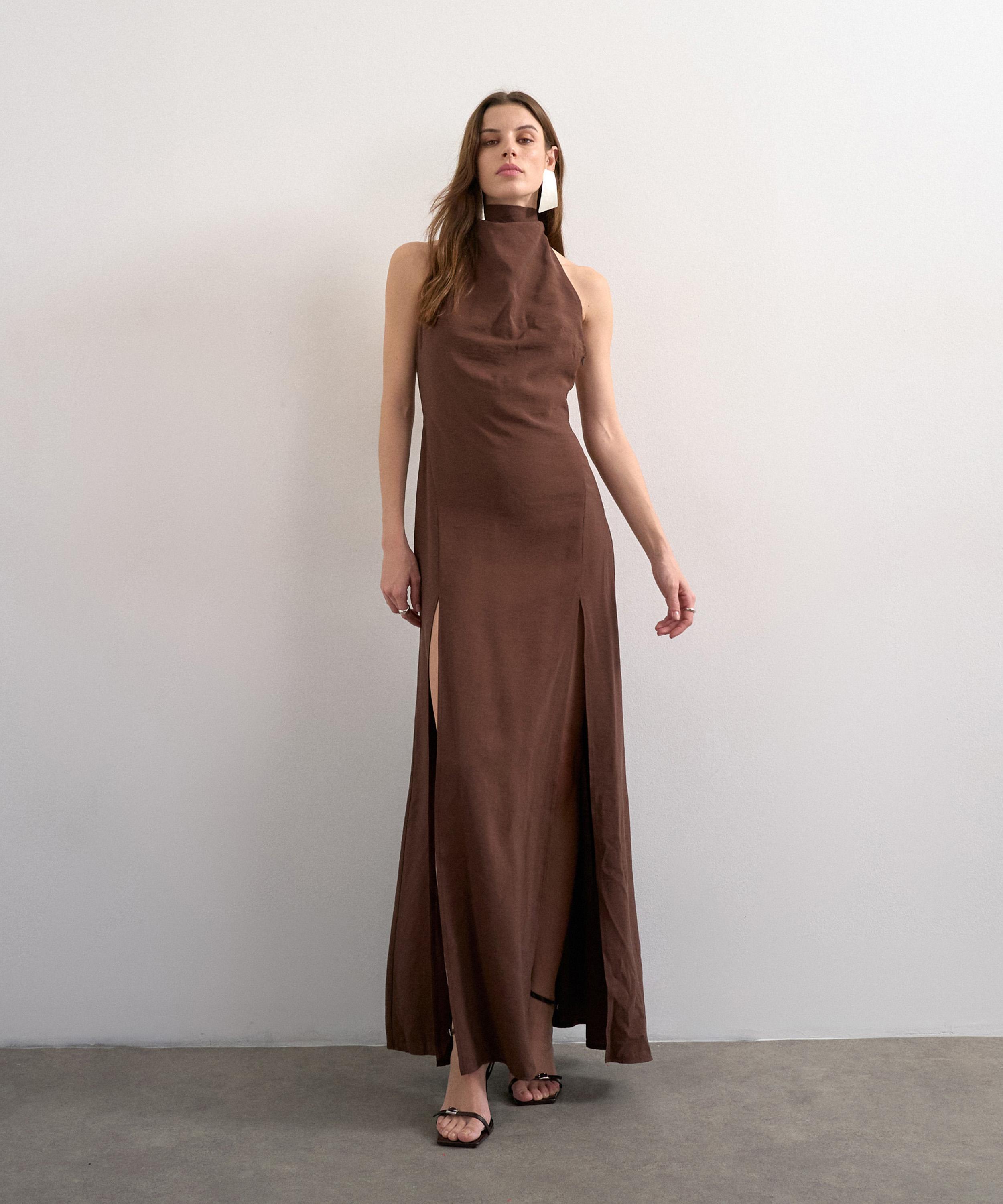 TOPSHOP - Chocolate Halter Cowl Maxi Dress