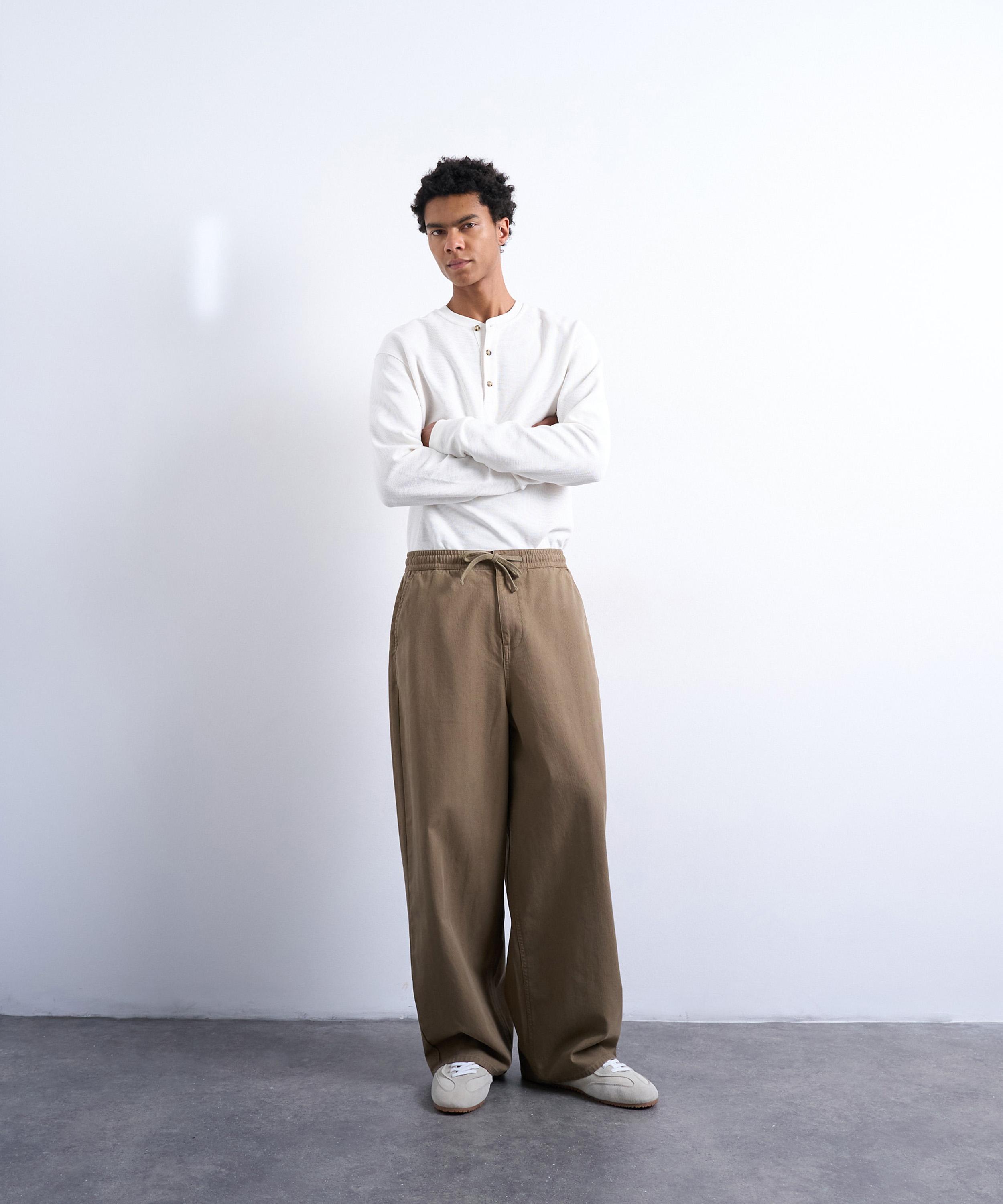 TOPMAN - Khaki Relaxed Herringbone Trousers image number 2