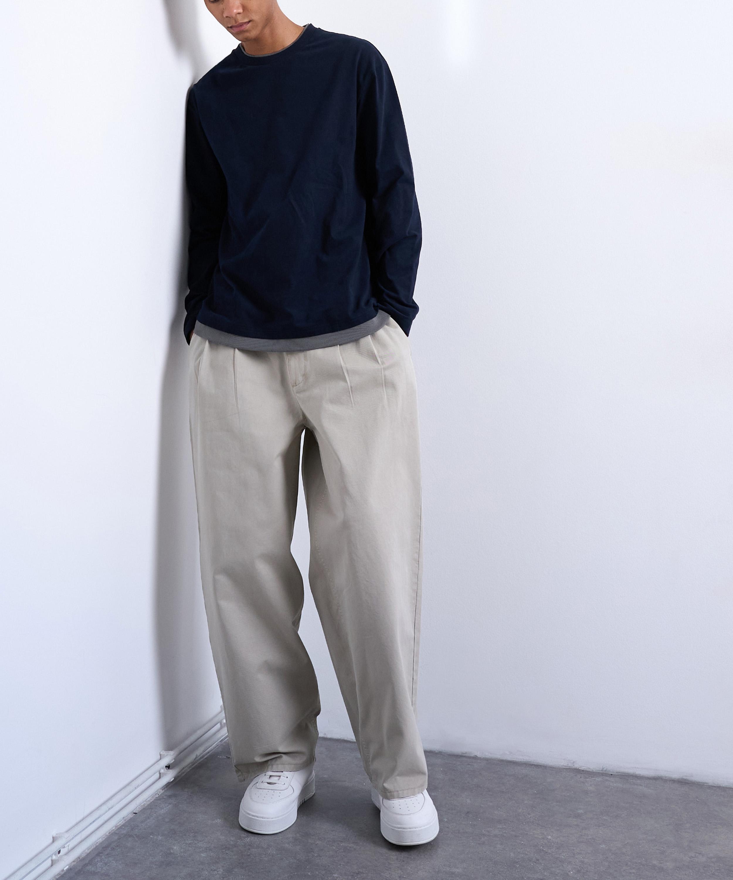 TOPMAN - Stone Super Baggy Twill Trousers with Pleats