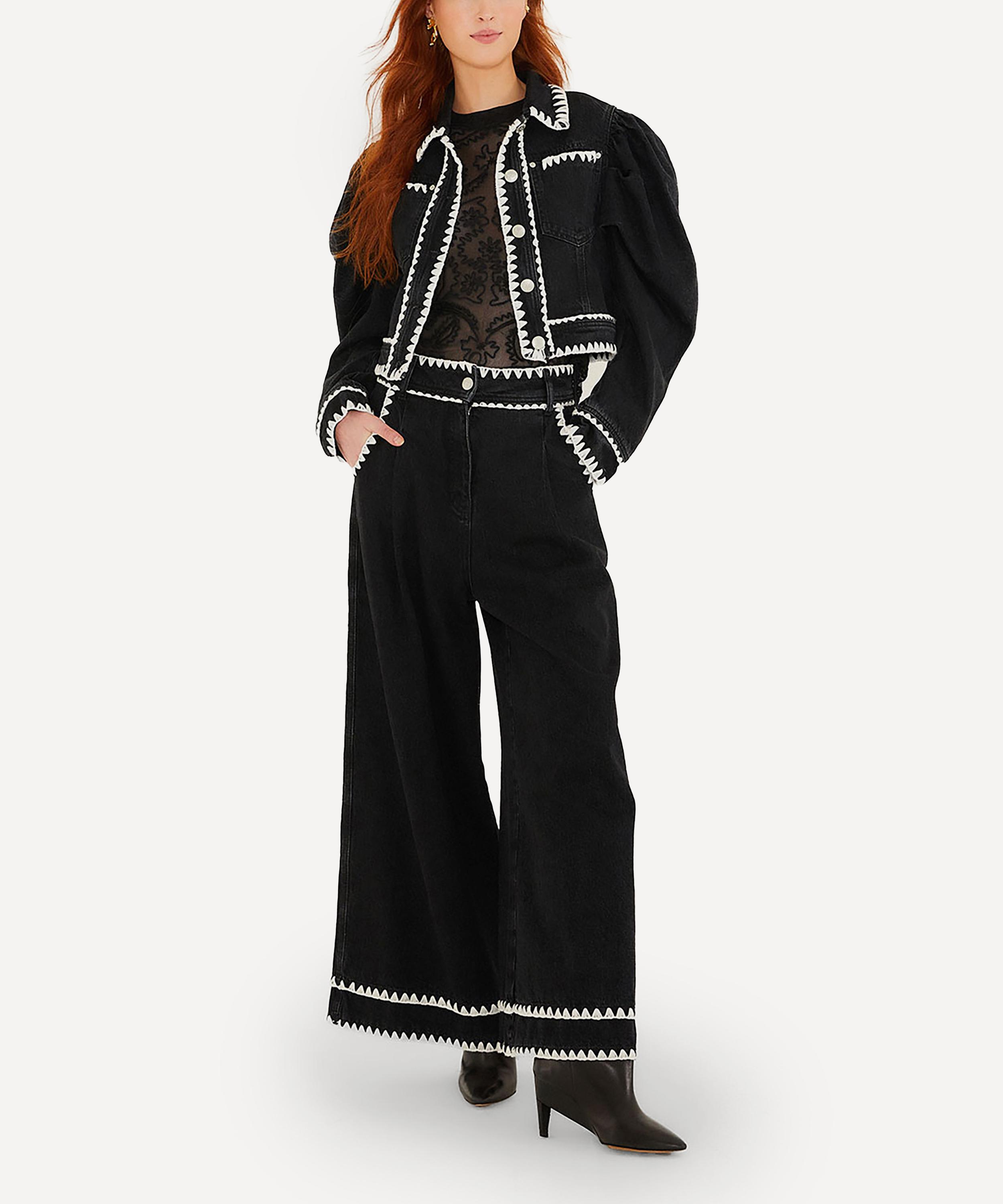 FARM Rio - Black Romantic Crochet Embroidery Puff-Sleeve Denim Jacket