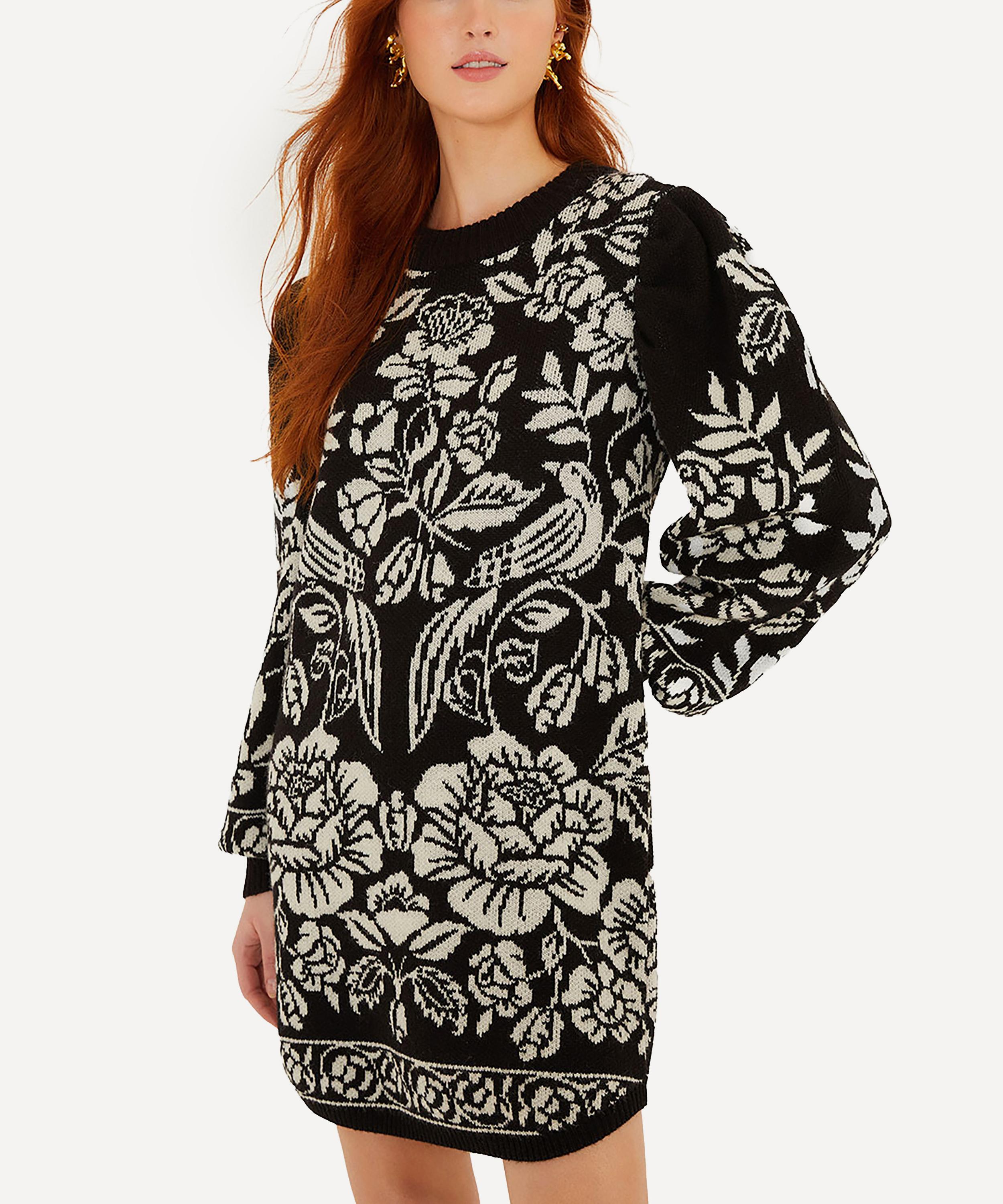 FARM Rio - Black and White Cashew and Birds Knit Mini Dress