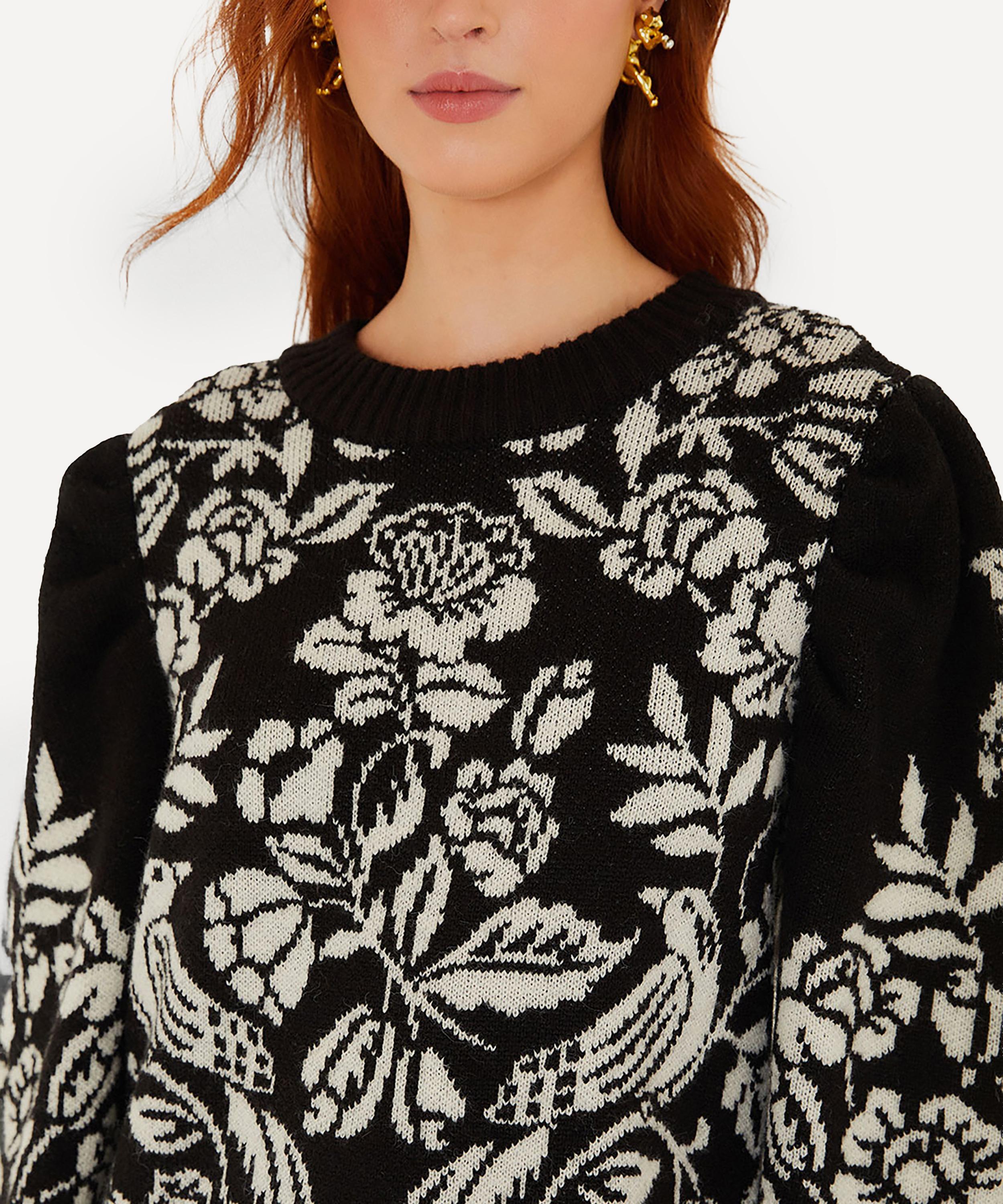 FARM Rio - Black and White Cashew and Birds Knit Mini Dress image number 1