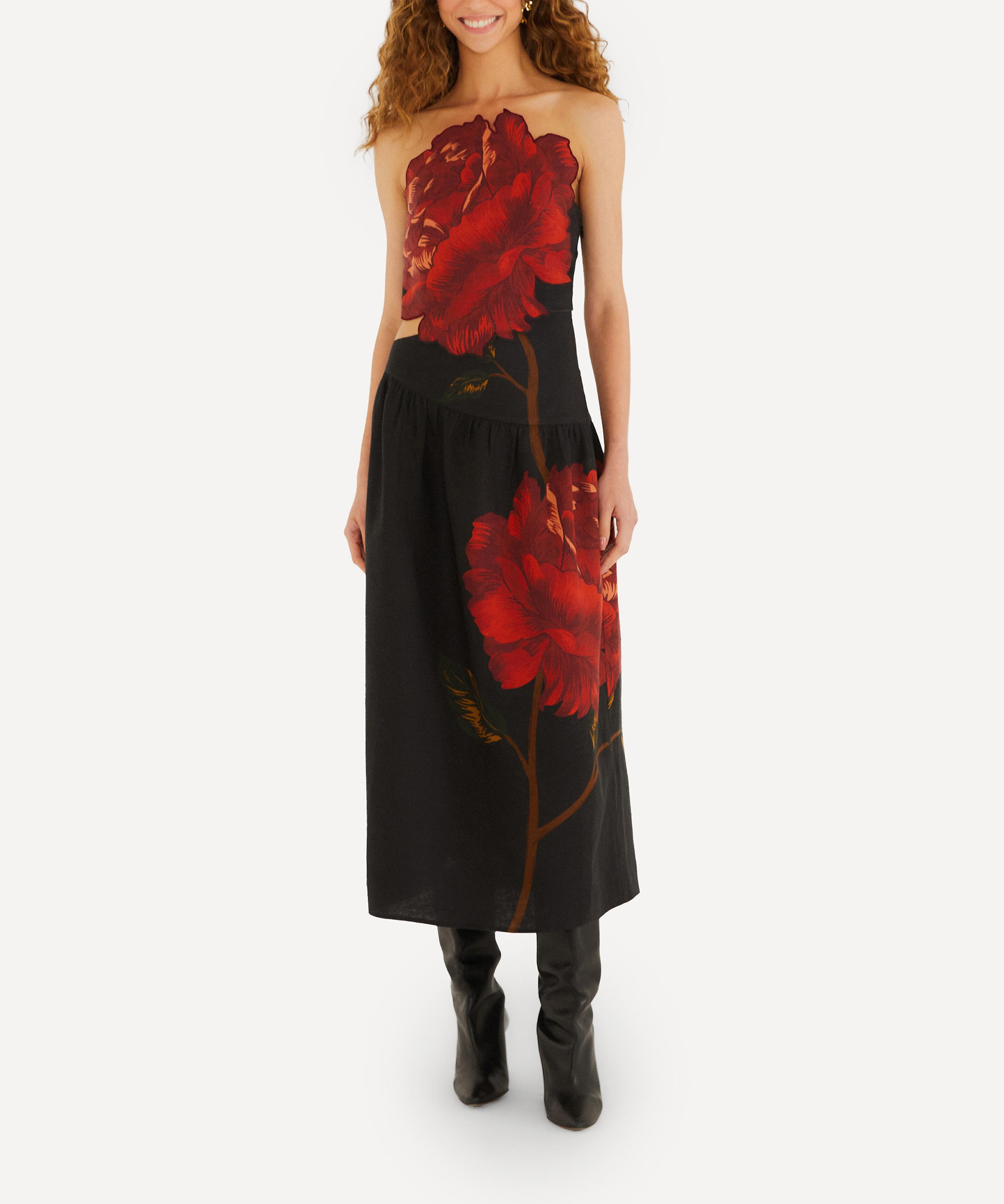FARM Rio - Rosalia Placed Black Artisanal Strapless Midi Dress