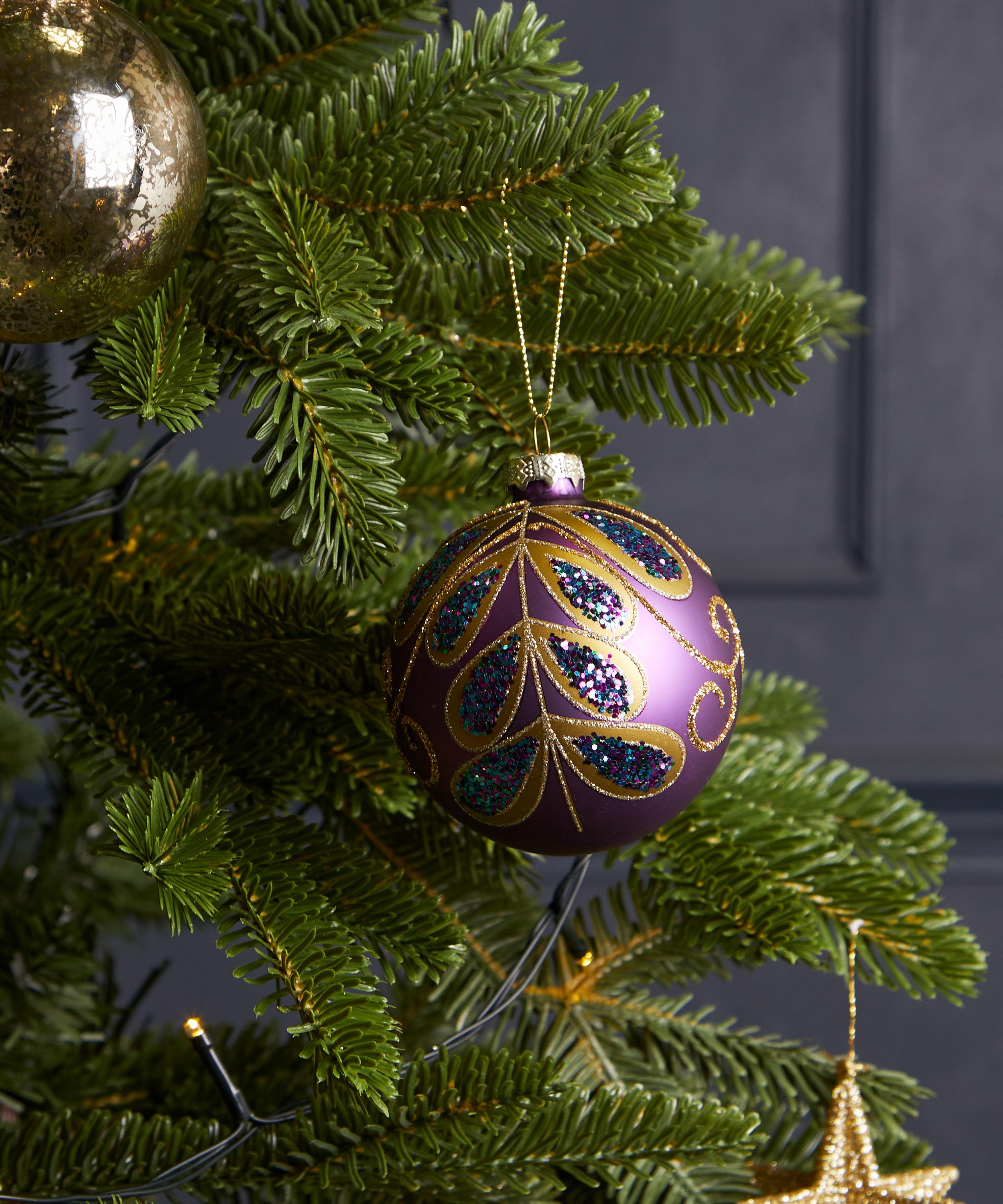 Christmas - Gold Leaves Matt Purple Ornament image number 1