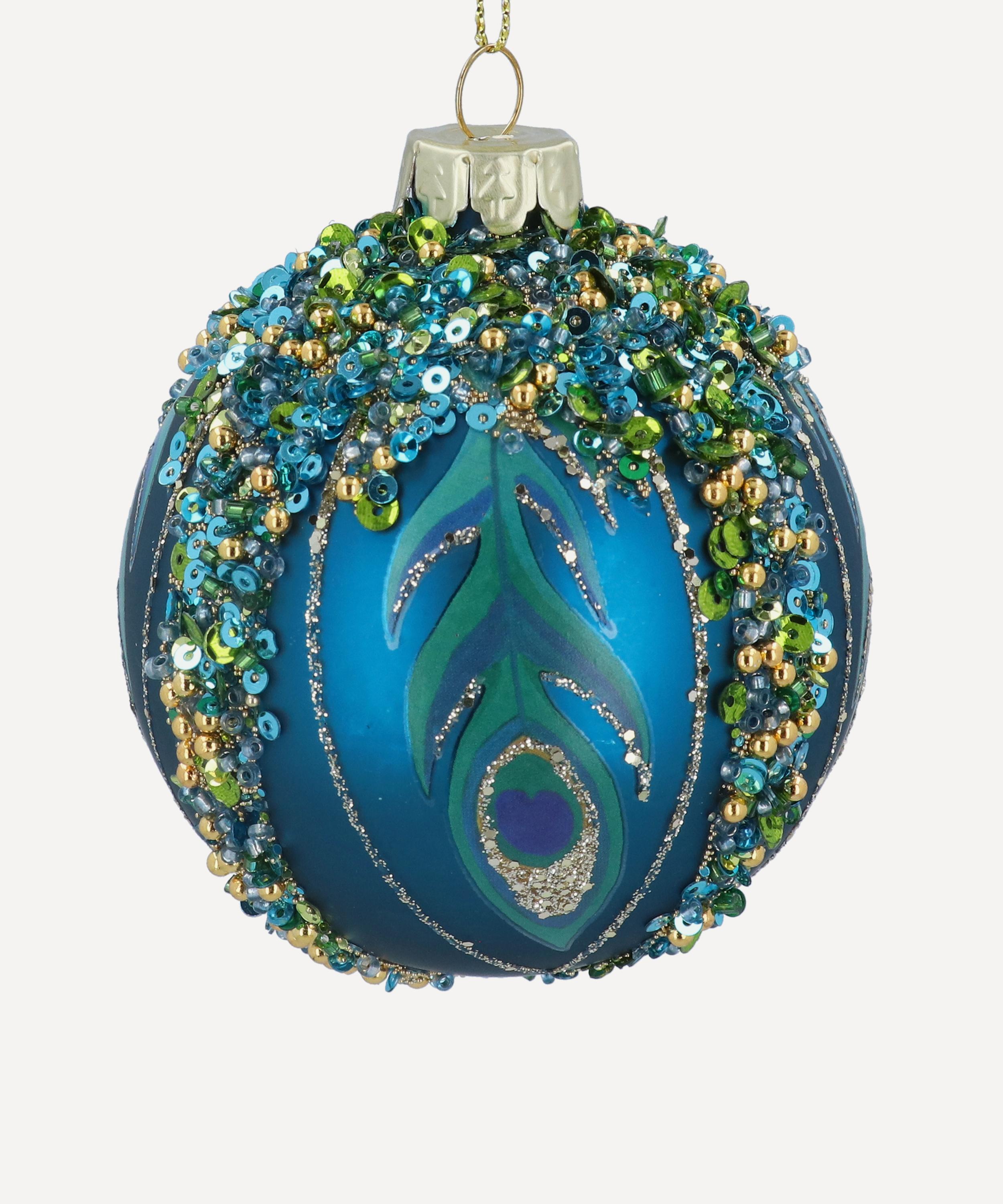 Christmas - Peacock Feather Sequinned Matt Blue Ornament image number 0