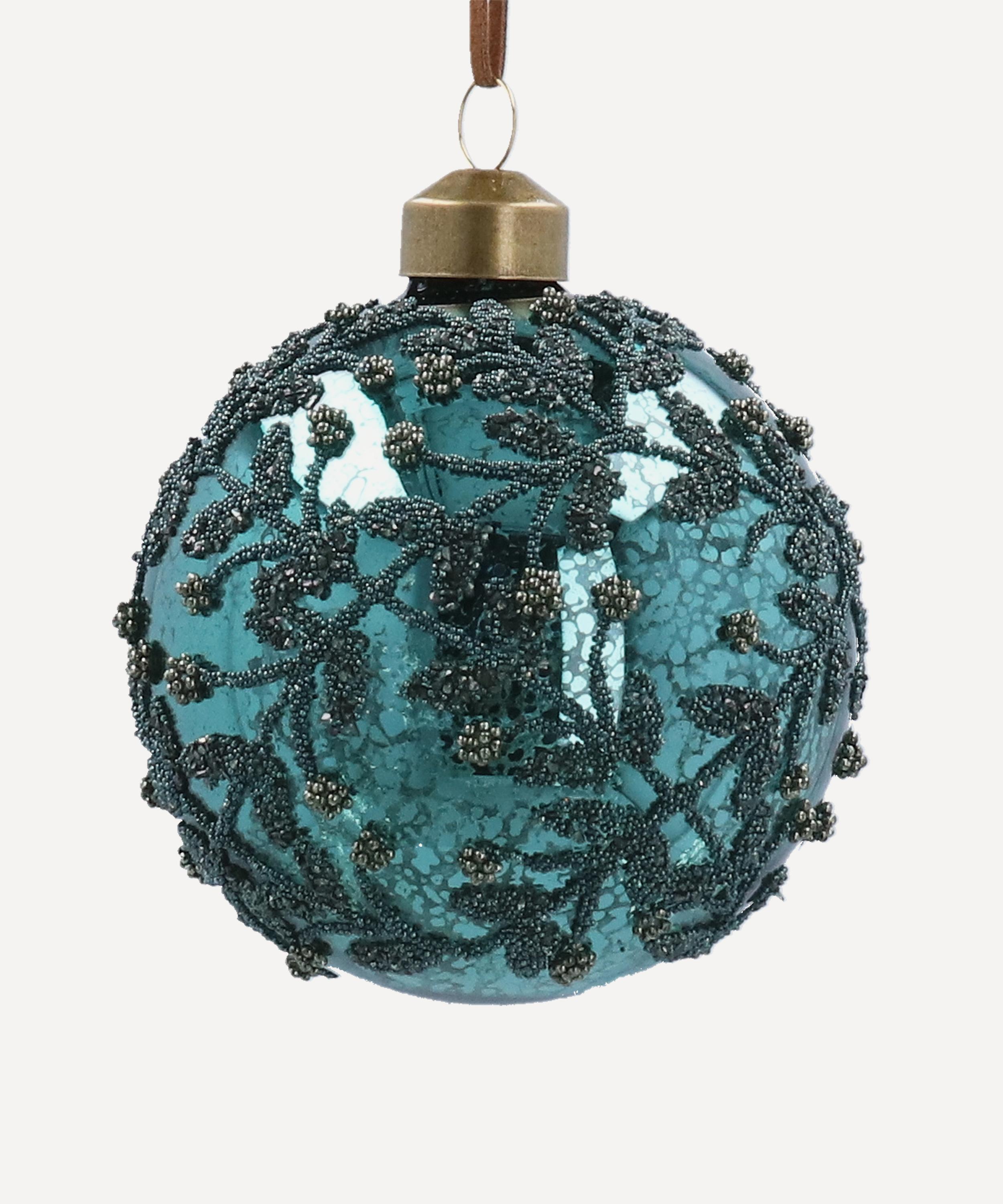Christmas - Beaded Trellis Antique Teal Glass Bauble image number 0