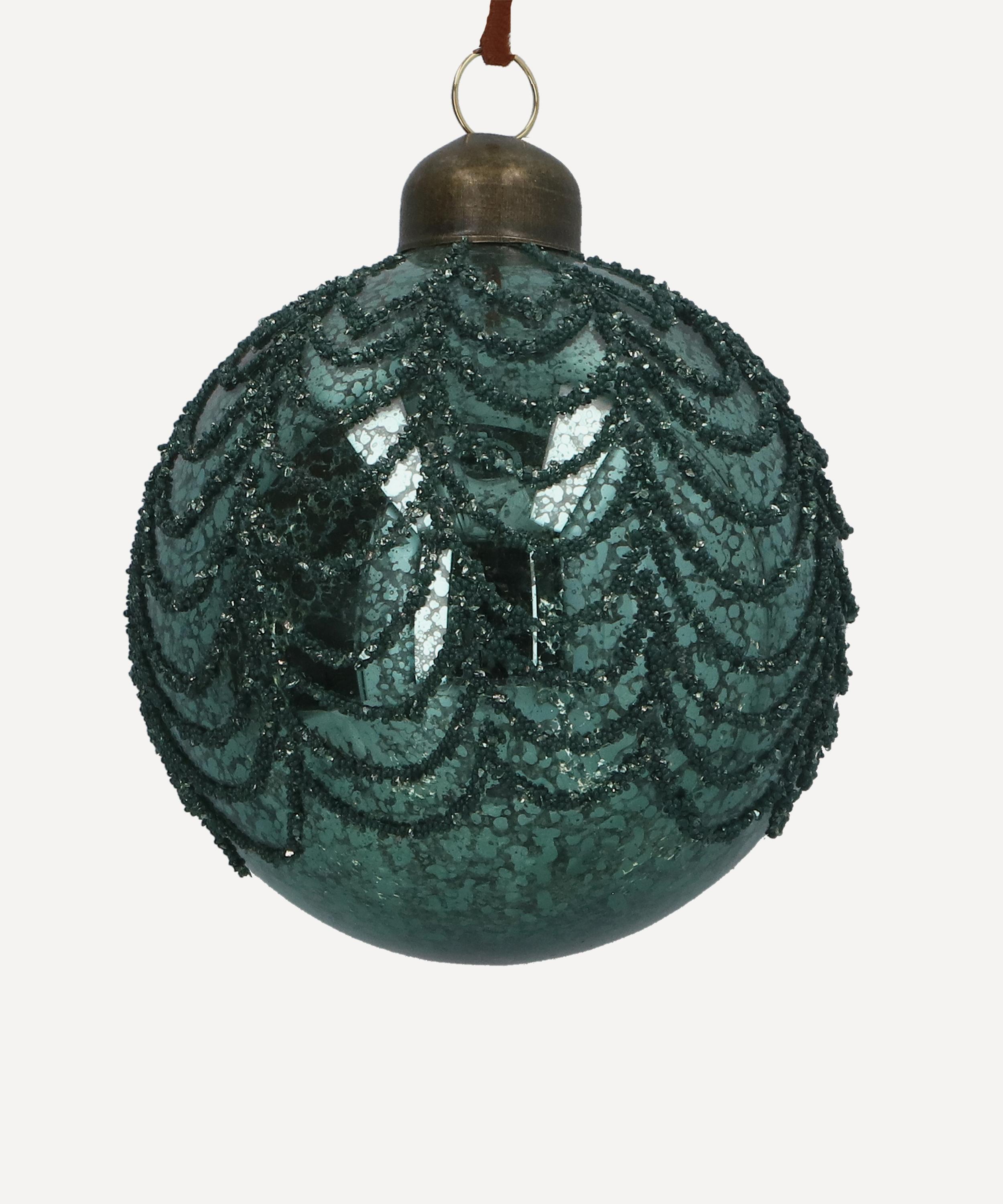 Christmas - Beaded Swirls Antique Teal Glass Bauble image number 0