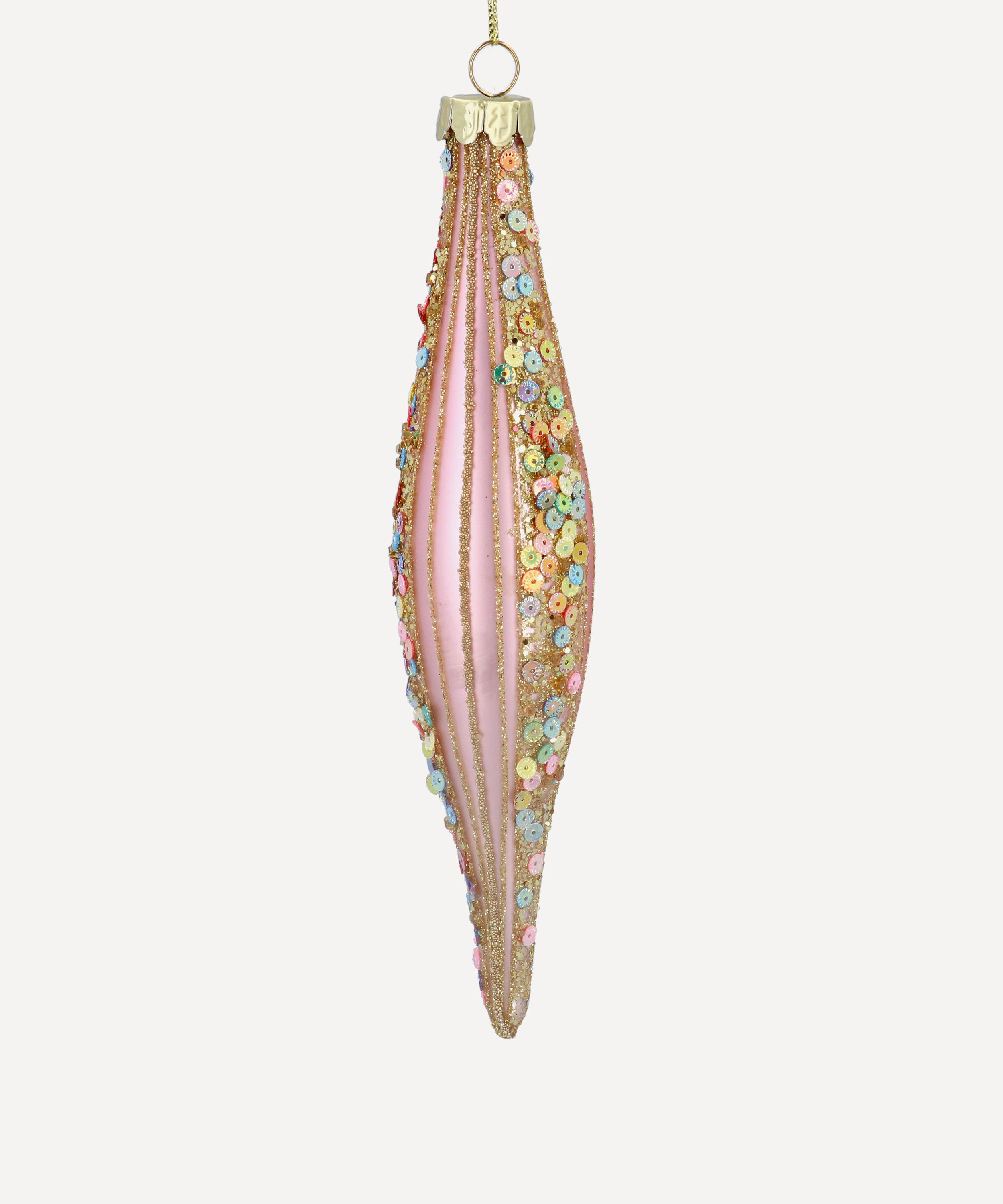 Christmas - Sequin Stripe Matte Pink Glass Teardrop Ornament image number 0