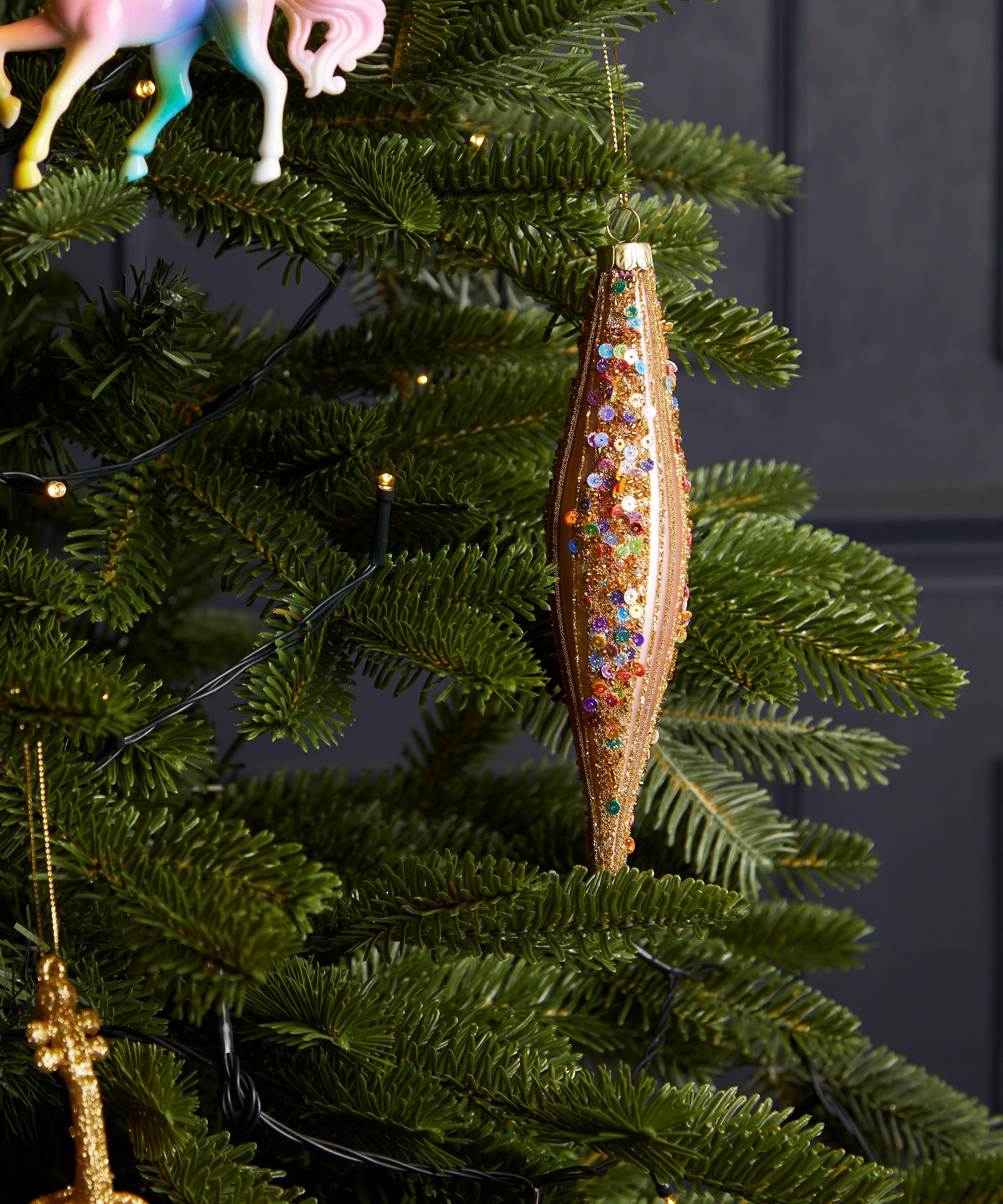Christmas - Sequin Stripe Matte Pink Glass Teardrop Ornament image number 1