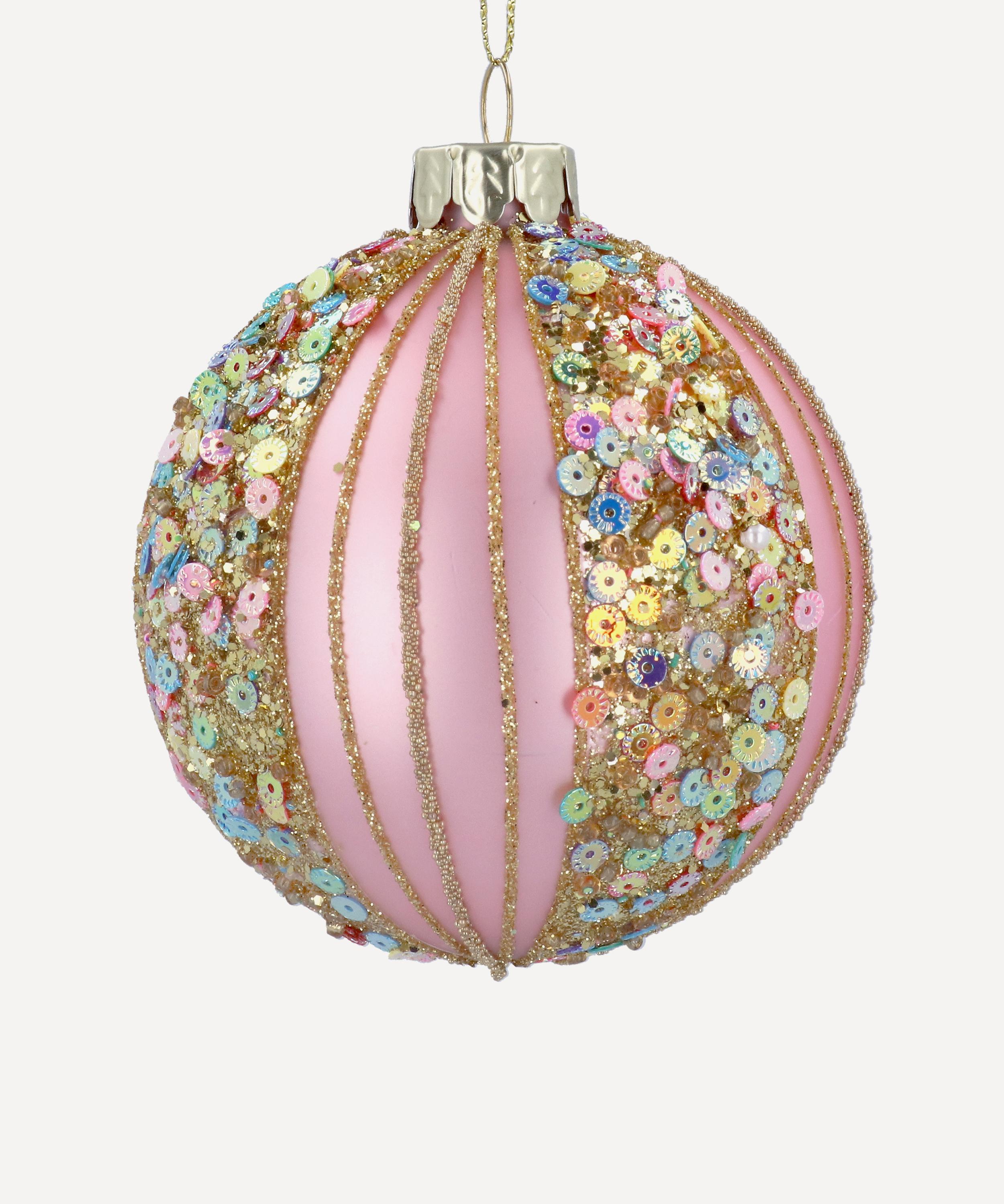 Christmas - Sequin Stripe Matte Pink Glass Ornament image number 0