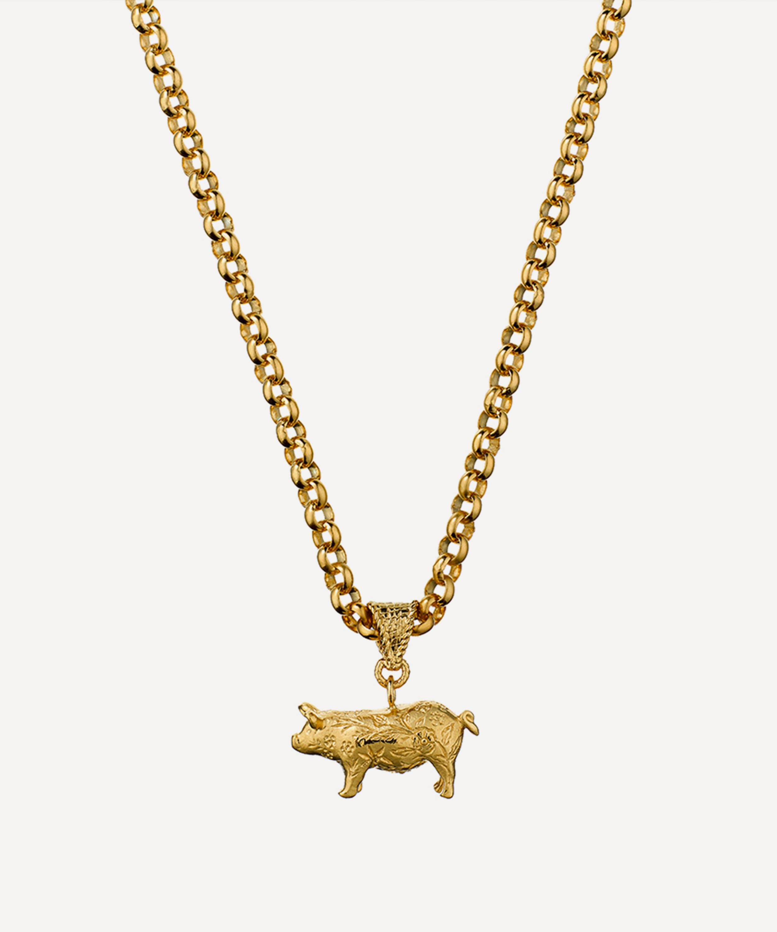 Alex Monroe - 22ct Gold-Plated Floral Engraved Pig Pendant Necklace image number 0