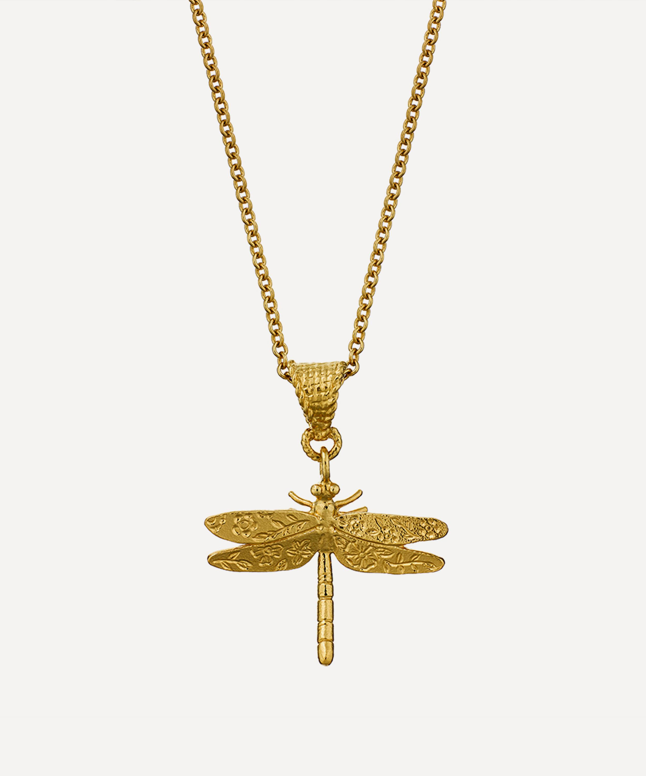Alex Monroe - 22ct Gold-Plated Floral Engraved Dragonfly Pendant Necklace image number 0