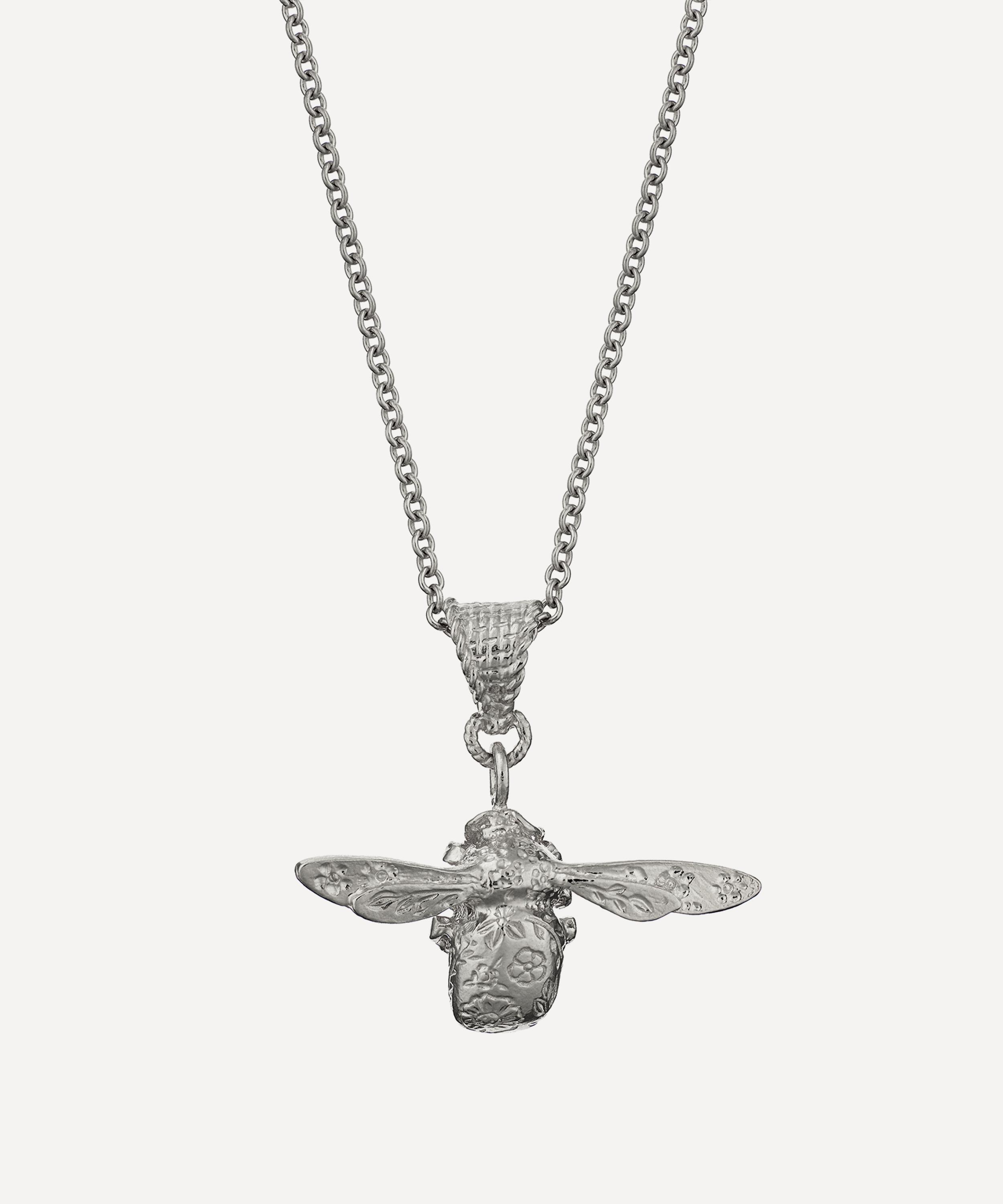 Alex Monroe - Sterling Silver Floral Engraved Bee Pendant Necklace