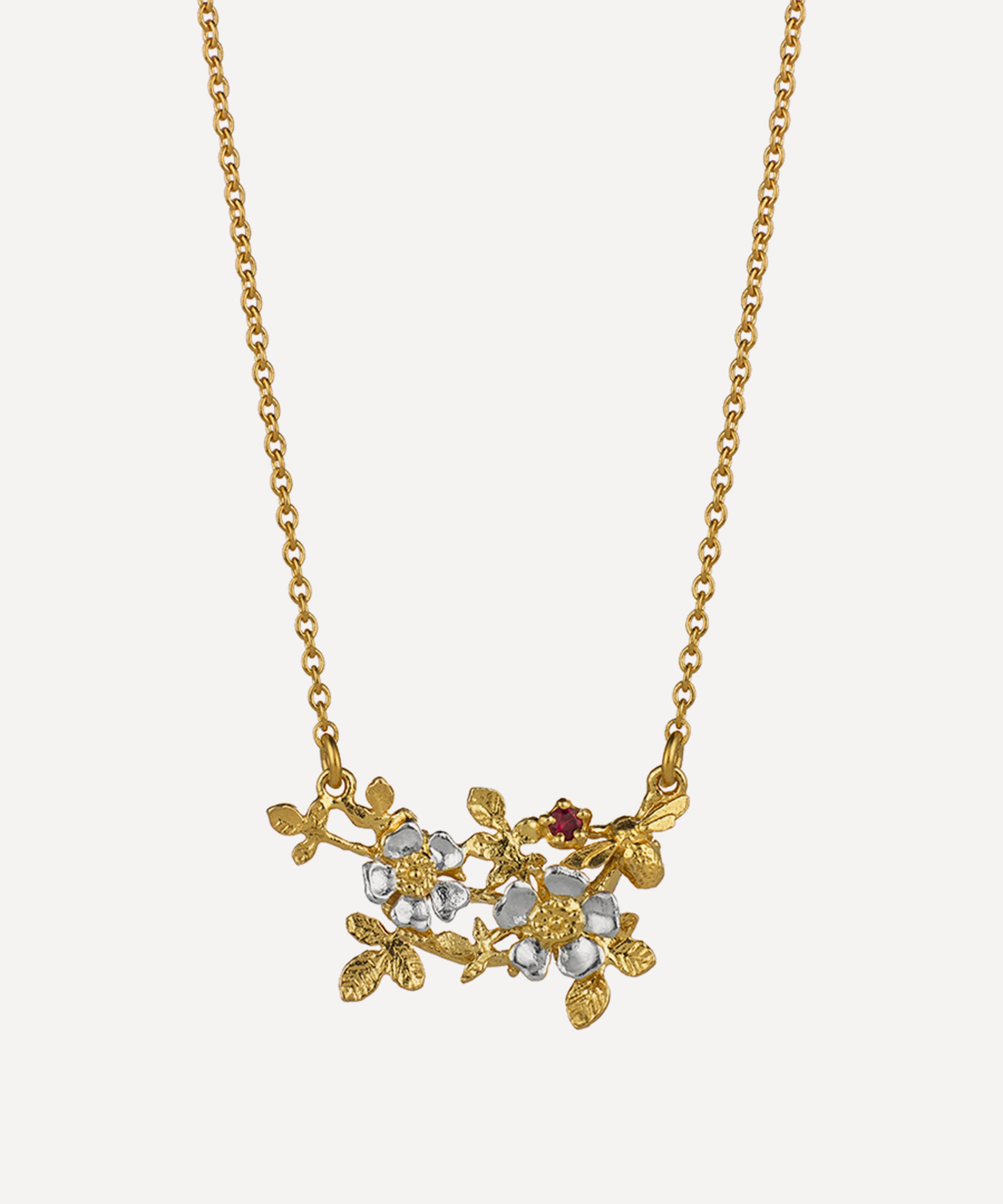 Alex Monroe - 22ct Gold-Plated Inline Wild Rose and Bee Ruby Pendant Necklace
