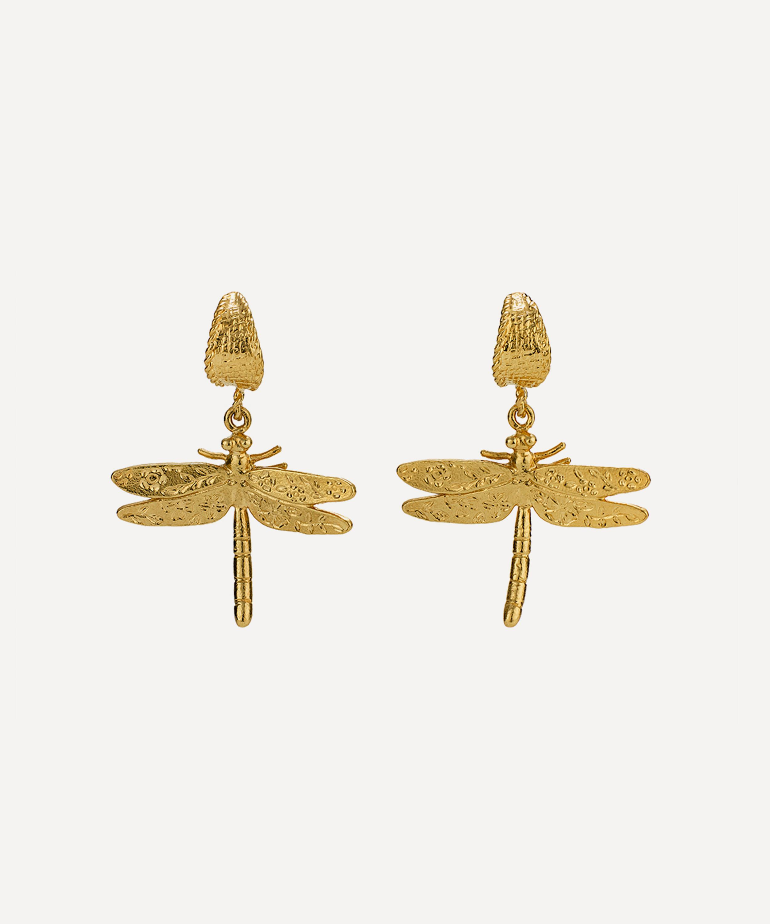 Alex Monroe - 22ct Gold-Plated Floral Engraved Dragonfly Drop Hoop Earrings