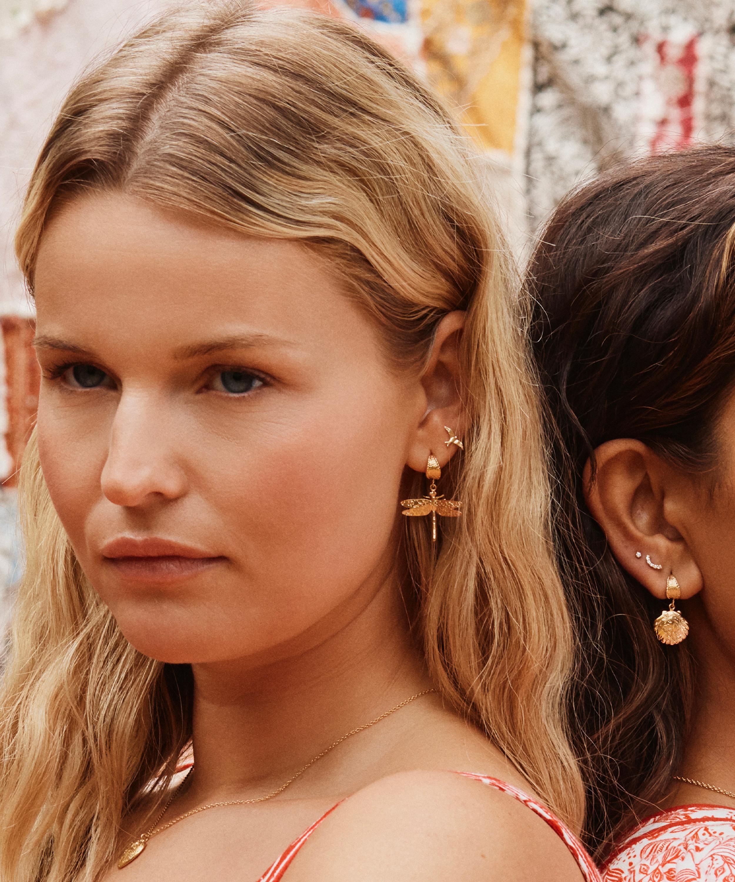 Alex Monroe - 22ct Gold-Plated Floral Engraved Dragonfly Drop Hoop Earrings image number 1