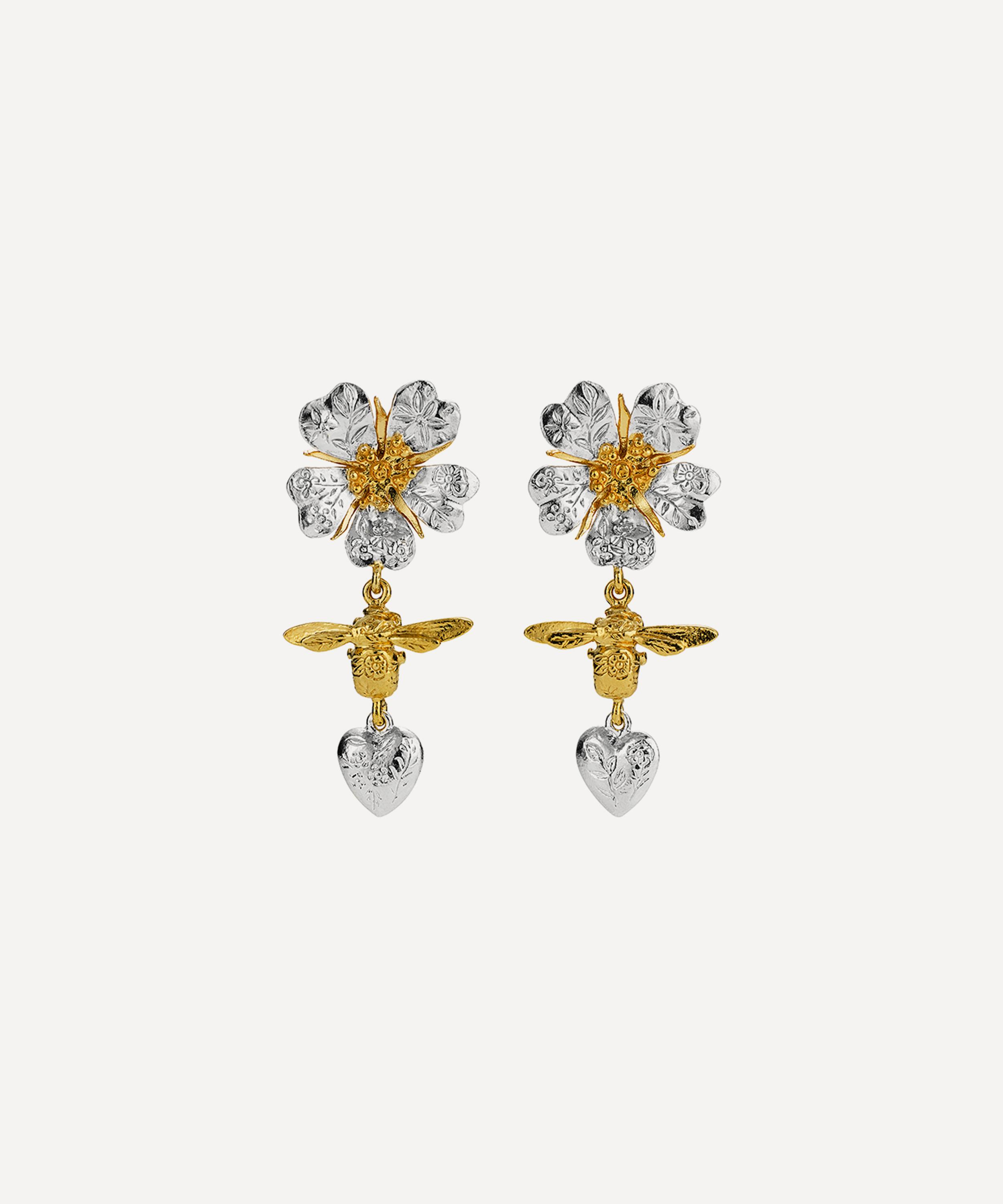 Alex Monroe - Mixed Metal Floral Engraved Wild Rose Bee and Heart Drop Earrings