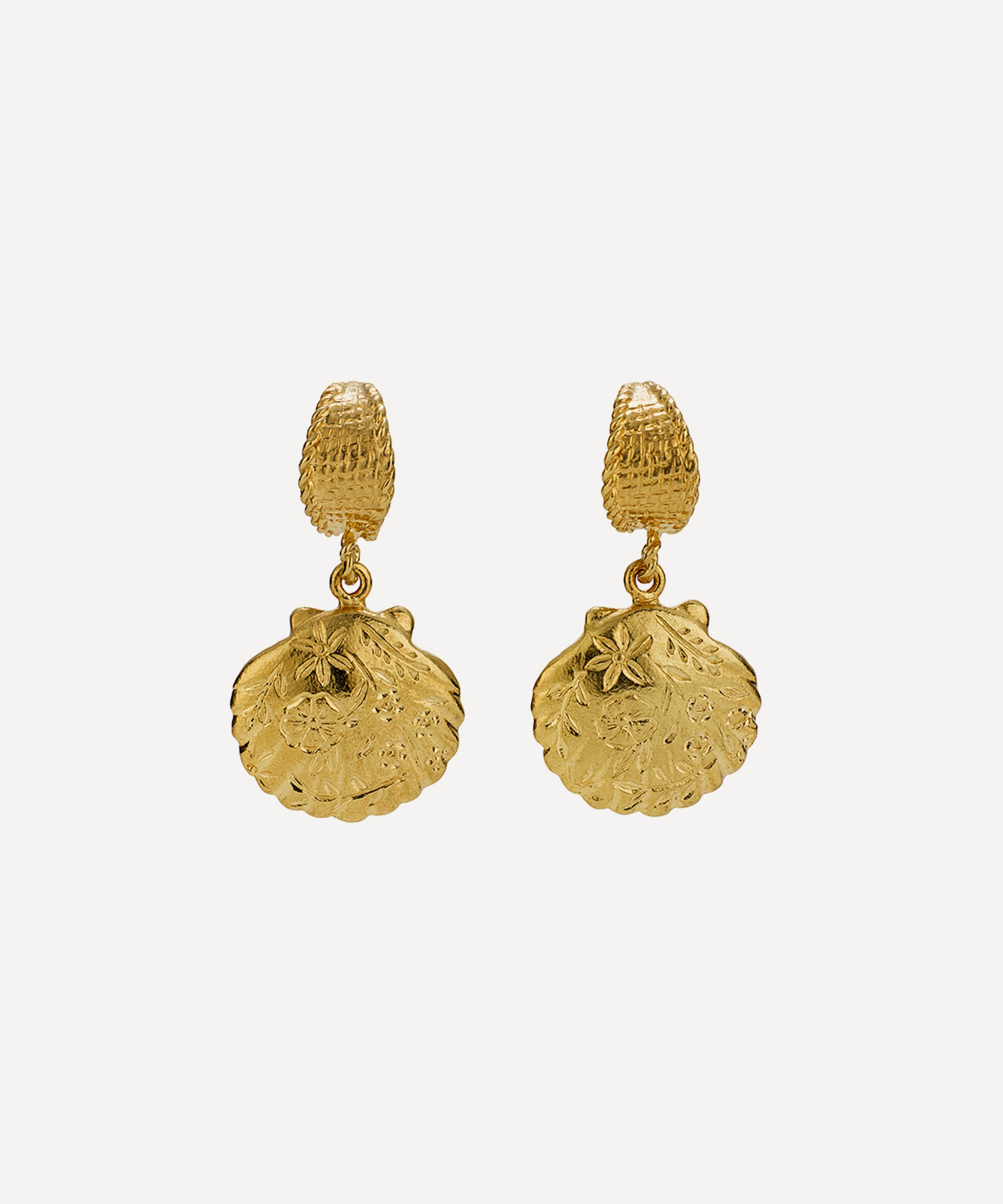 Alex Monroe - 22ct Gold-Plated Floral Engraved Scallop Shell Drop Hoop Earrings