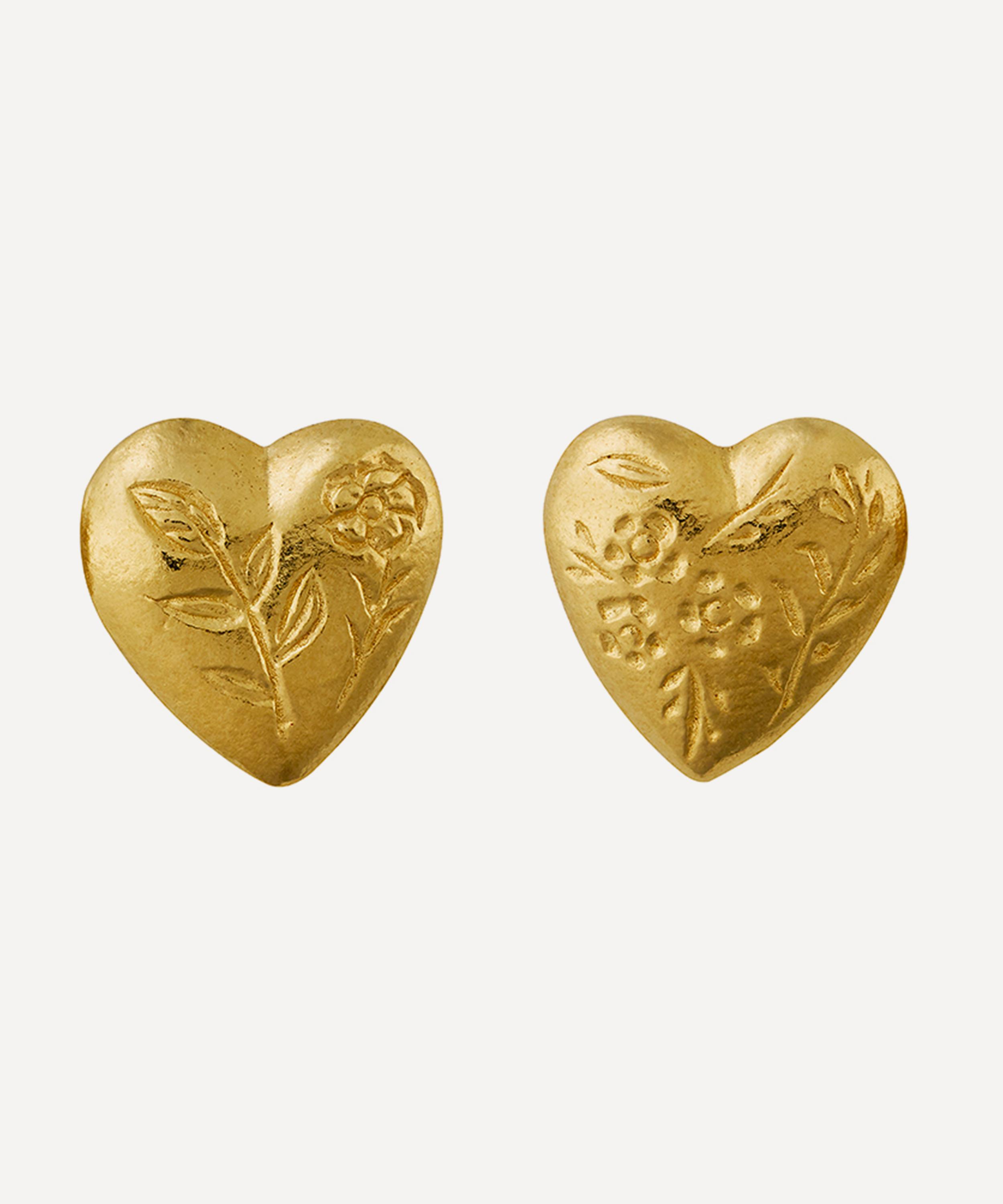 Alex Monroe - 22ct Gold-Plated Floral Engraved Heart Stud Earrings