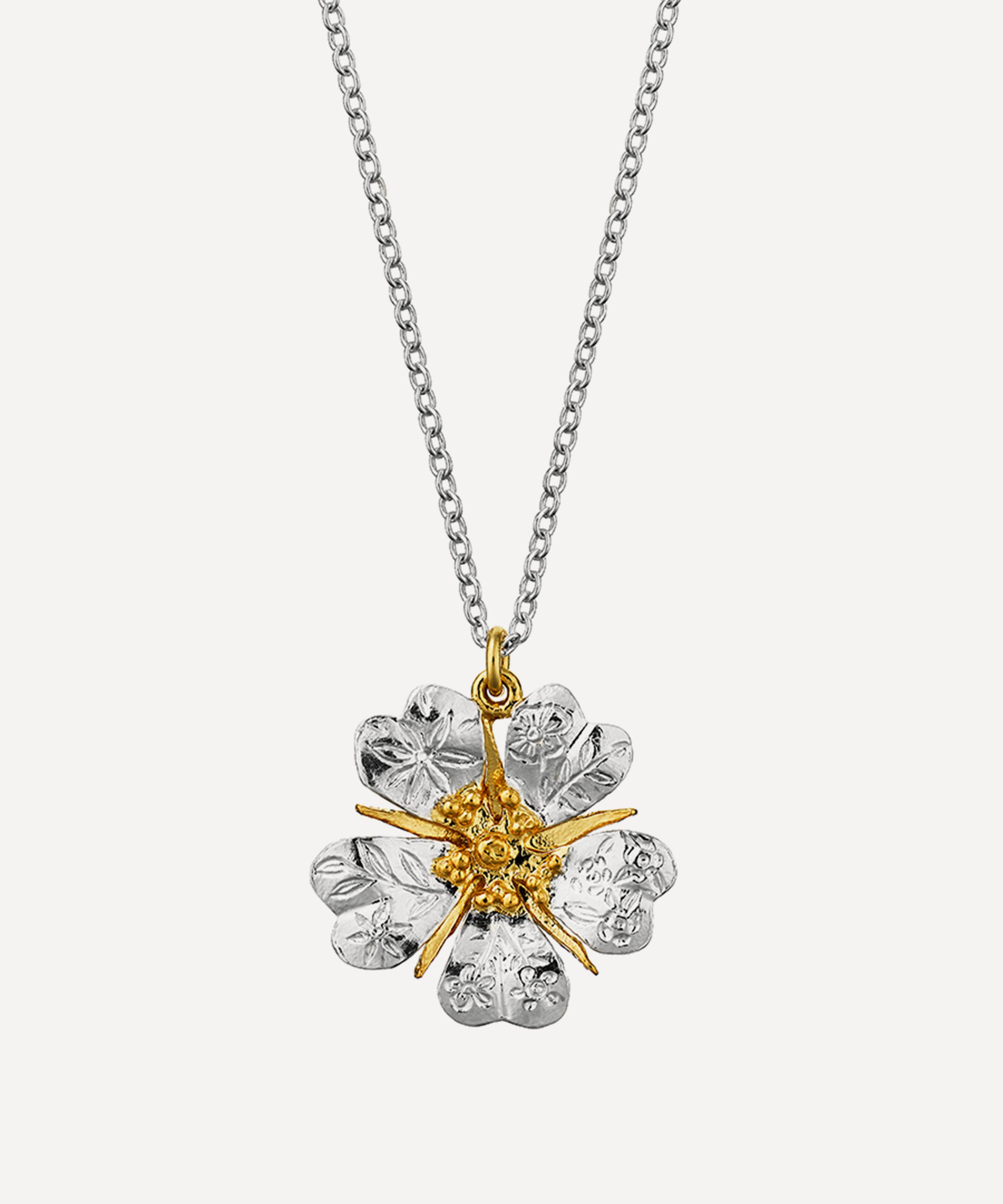Alex Monroe - Mixed Metal Floral Engraved Wild Rose Pendant Necklace