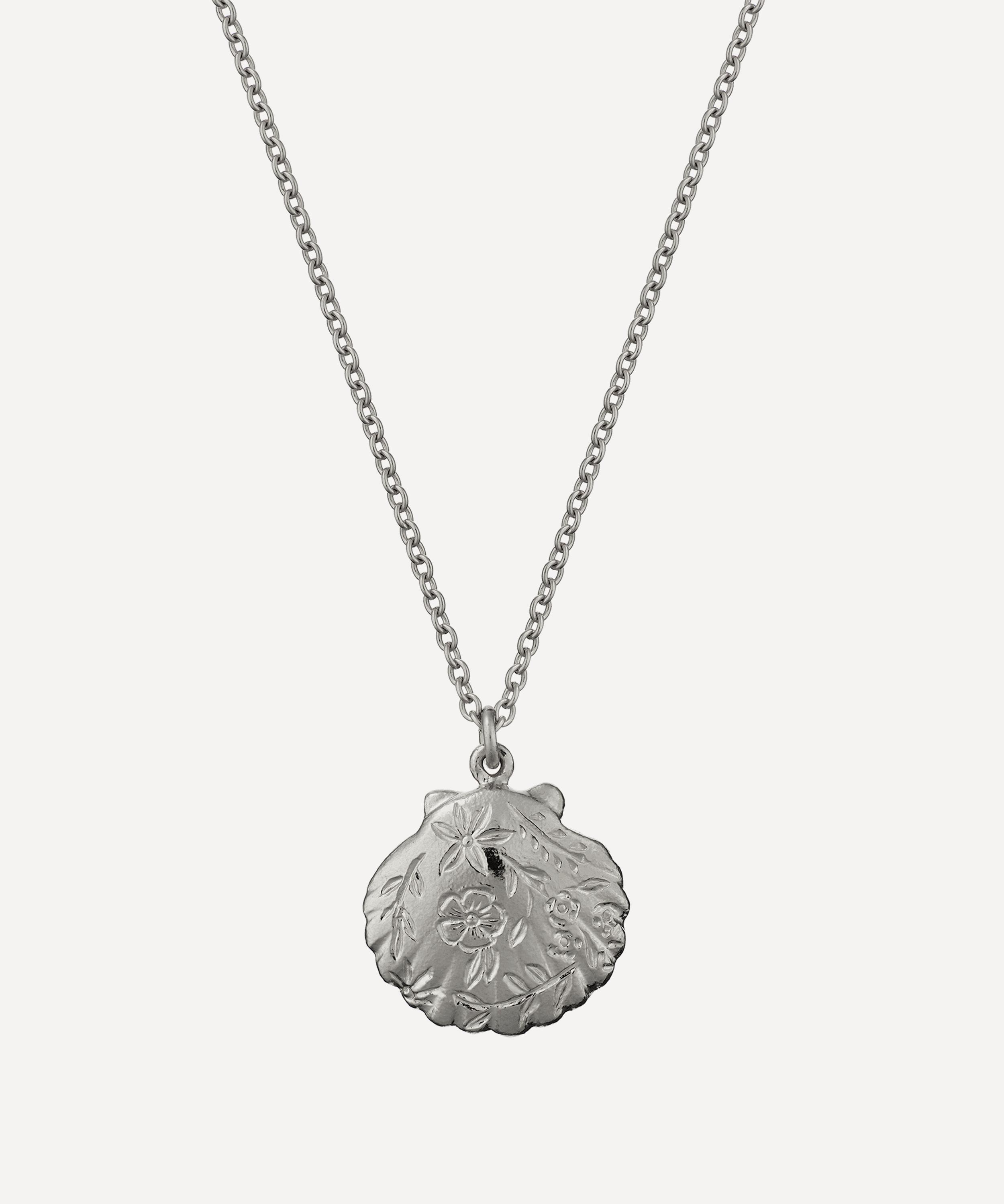 Alex Monroe - Sterling Silver Floral Engraved Scallop Shell Pendant Necklace