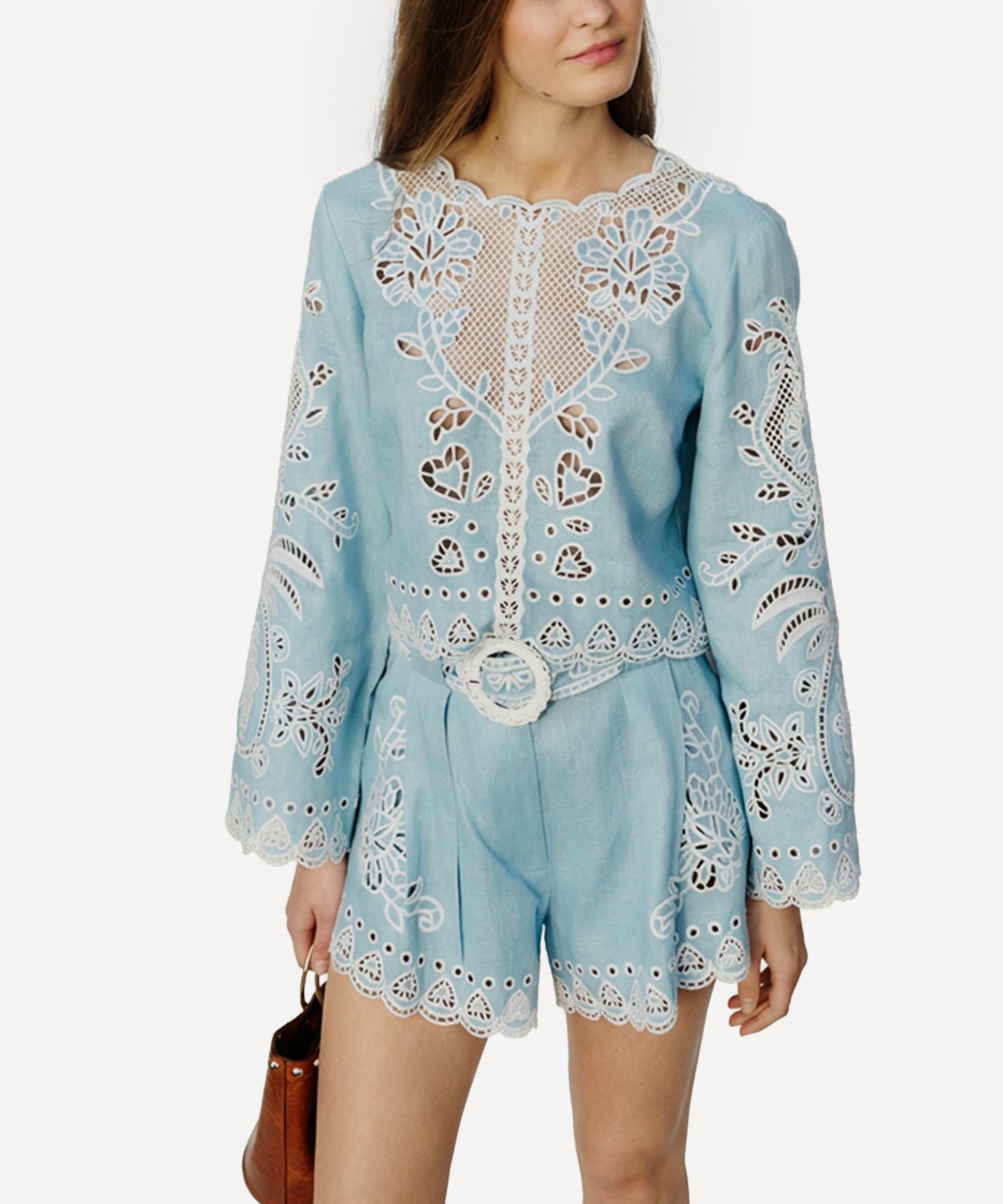 FARM Rio - Light Blue Romantic Richelieu Belted Shorts