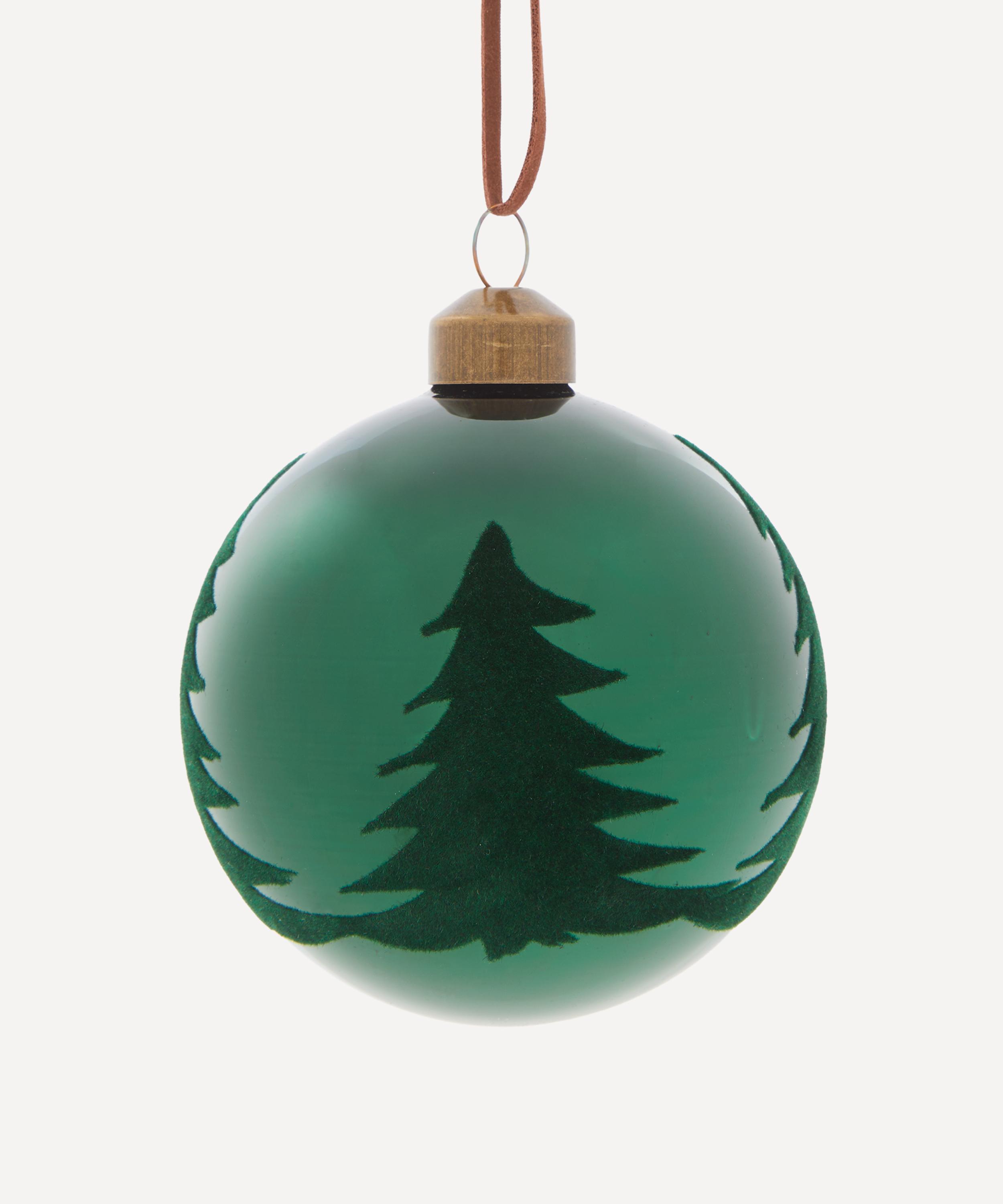 Christmas - Green Flocked Tree Glass Bauble image number 0