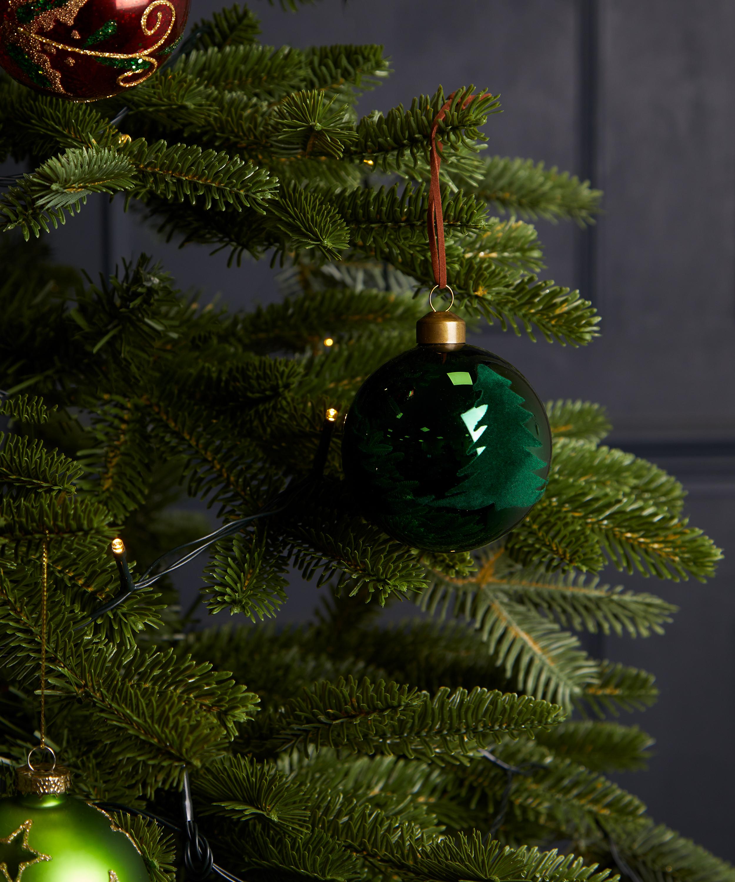 Christmas - Green Flocked Tree Glass Bauble image number 1