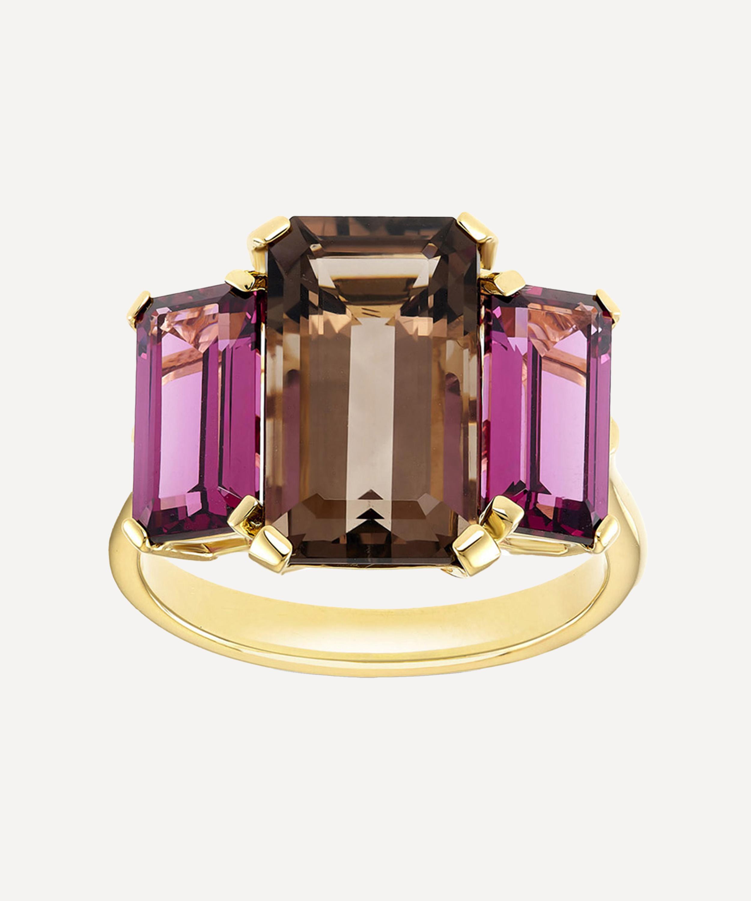 Dinny Hall - 18ct Gold-Plated Vermeil Silver Trinny Trilogy Smokey Quartz and Rhodolite Ring