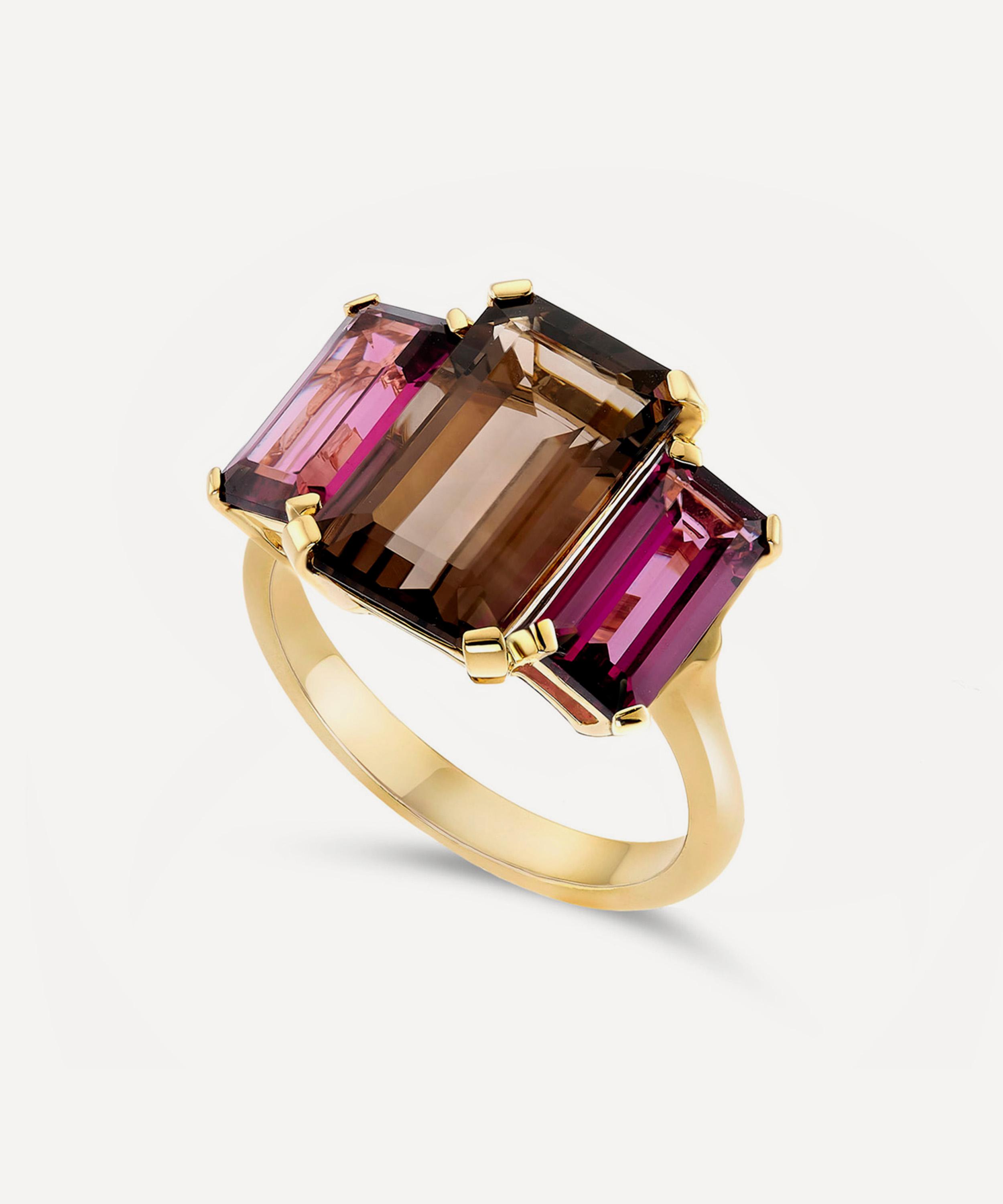 Dinny Hall - 18ct Gold-Plated Vermeil Silver Trinny Trilogy Smokey Quartz and Rhodolite Ring image number 1
