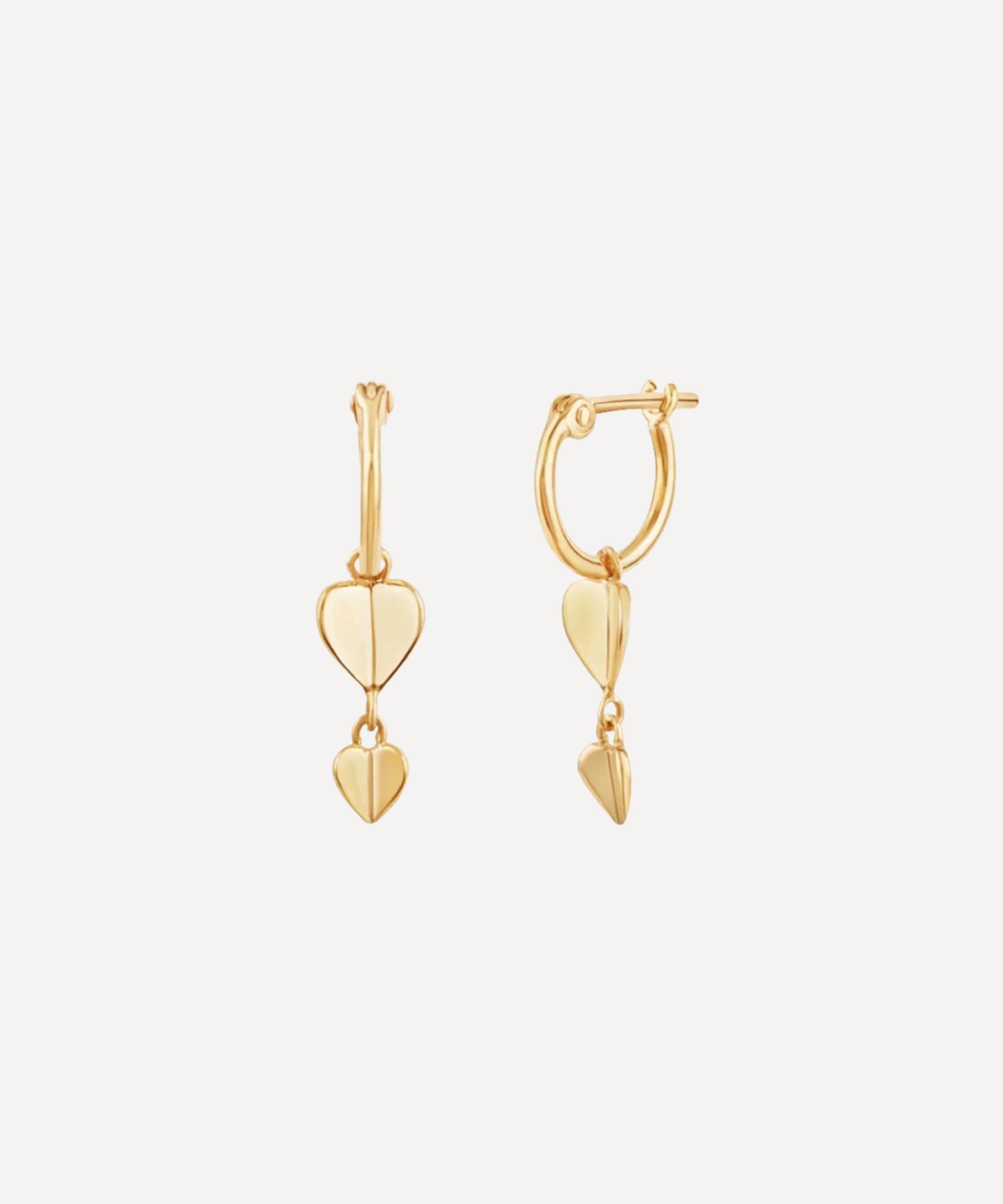 Dinny Hall - 9ct Gold Bijou Folded Heart Drop Hoop Earrings