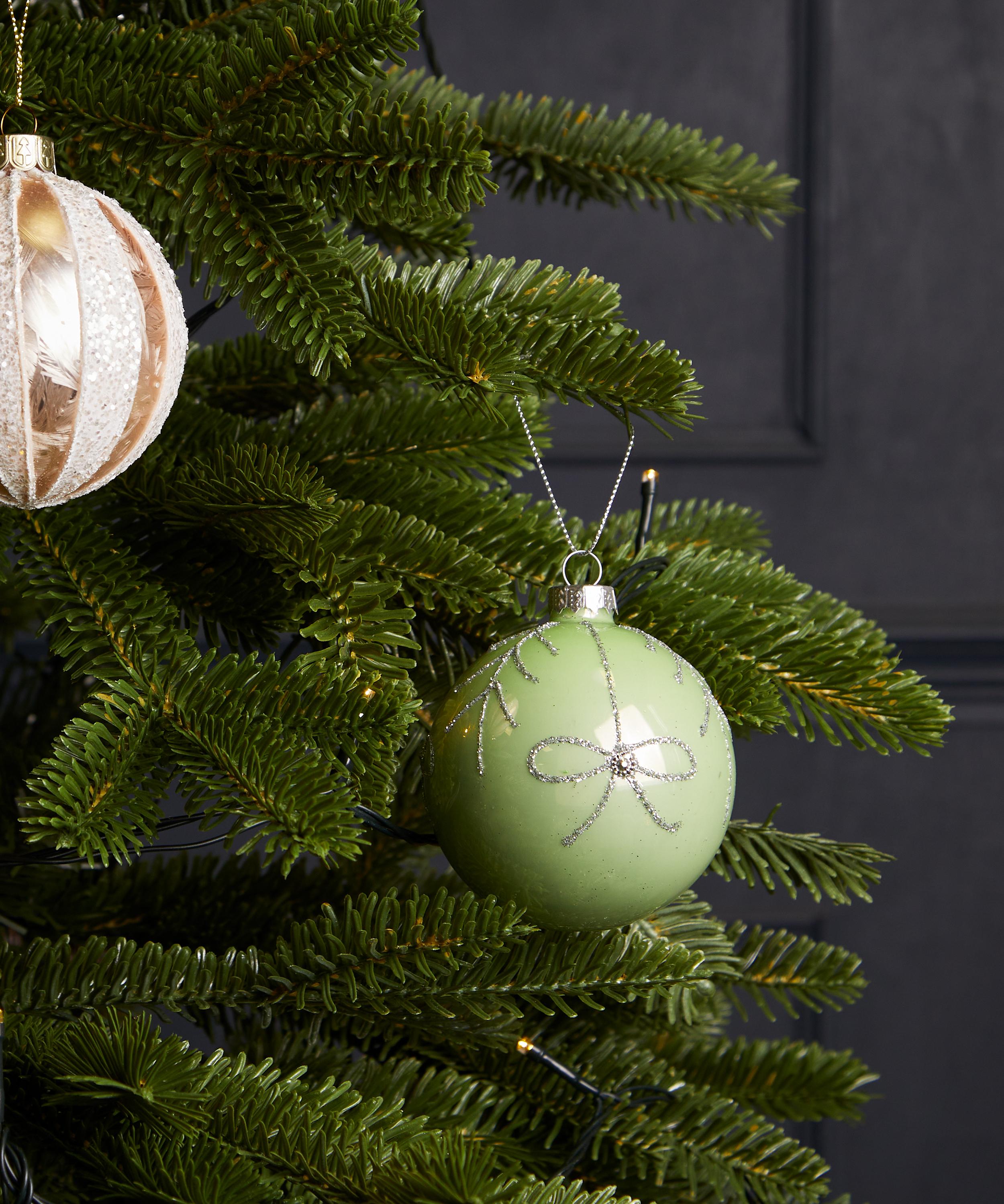 Christmas - Glass Green Glitter Bow Bauble image number 1