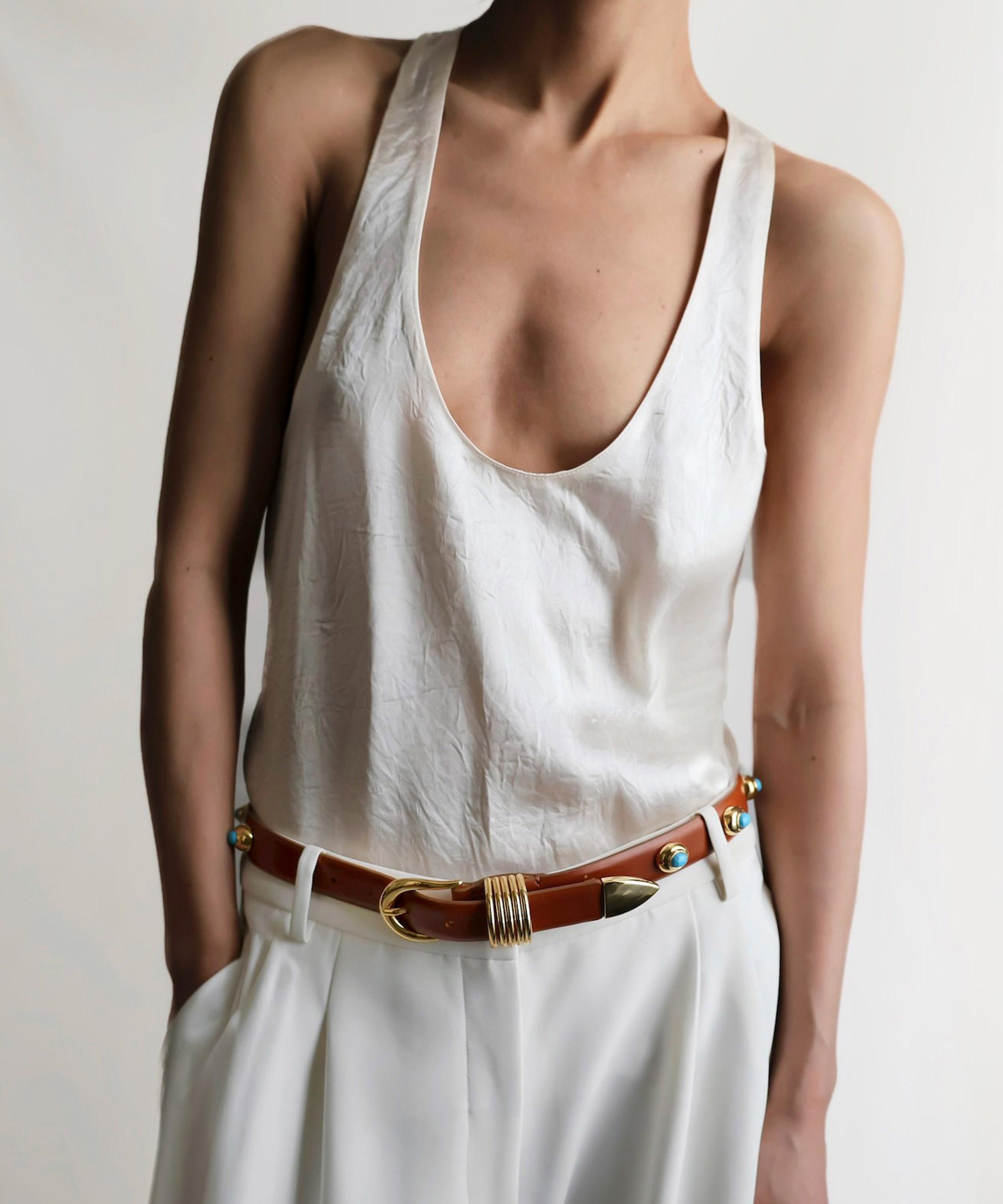 D&eacute;hanche - Hollyhock Tiger Eye Stone Leather Belt image number 1