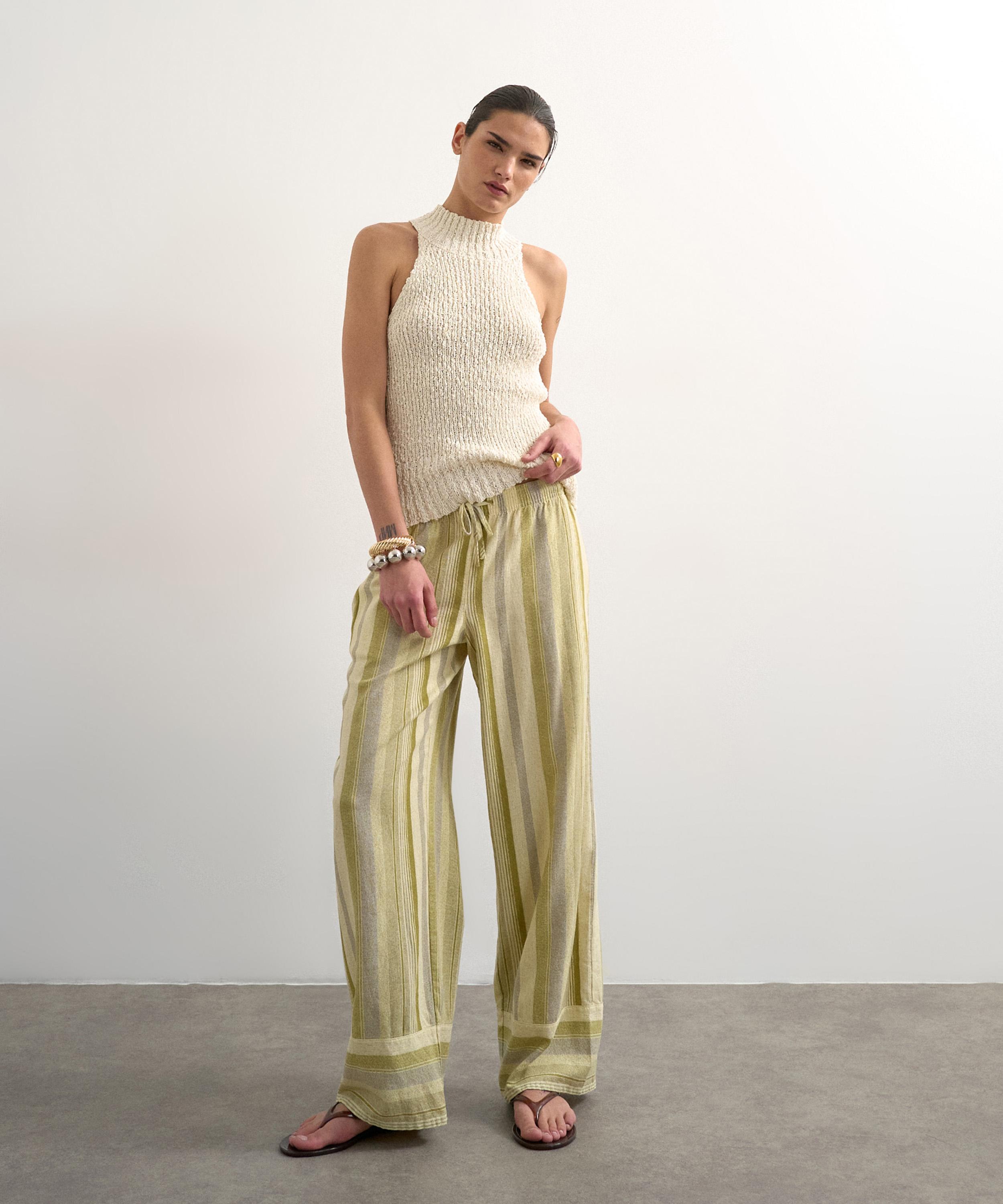 TOPSHOP - Green Multi-Stripe Linen Stripe Straight Trousers