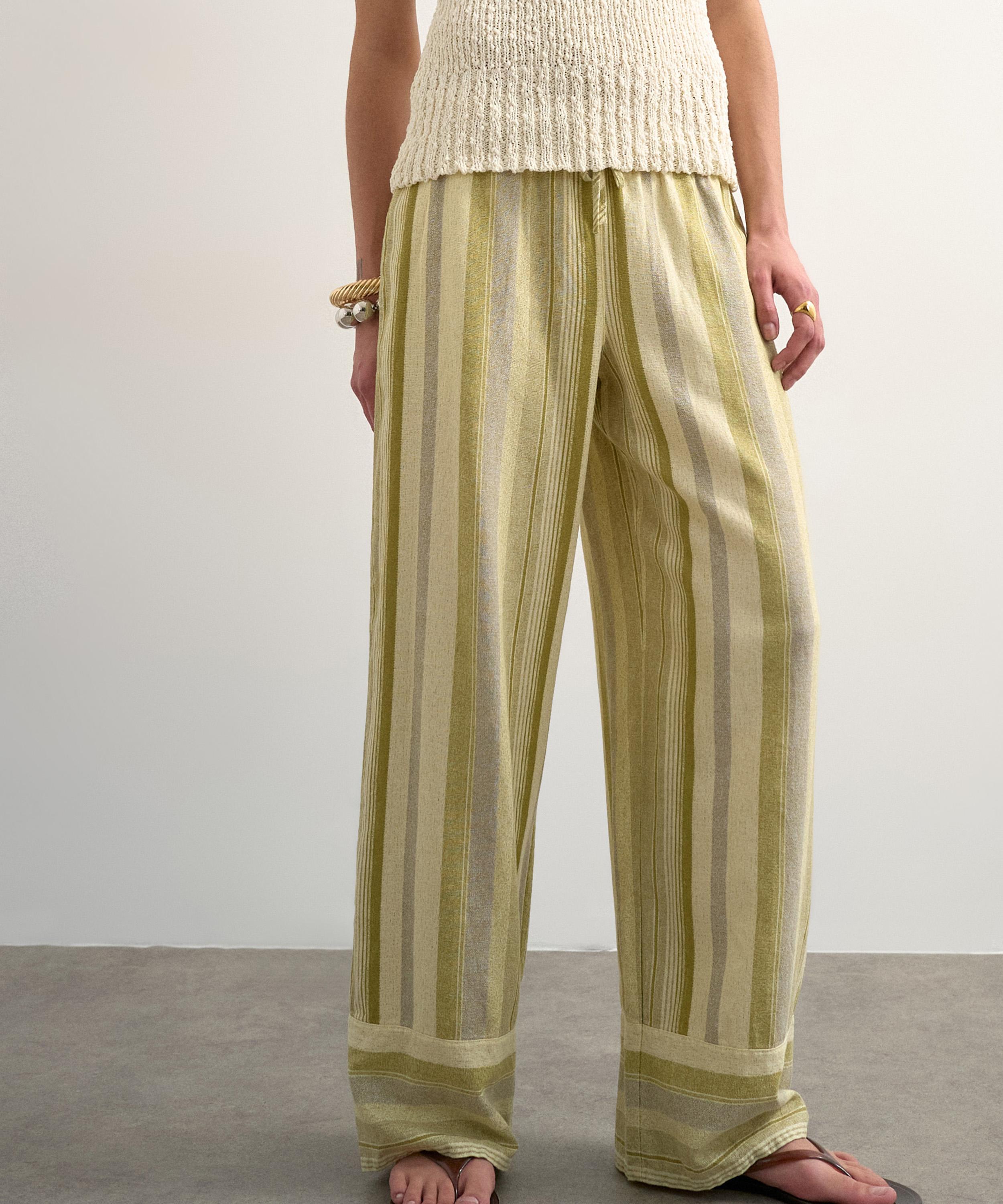 TOPSHOP - Green Multi-Stripe Linen Stripe Straight Trousers image number 1