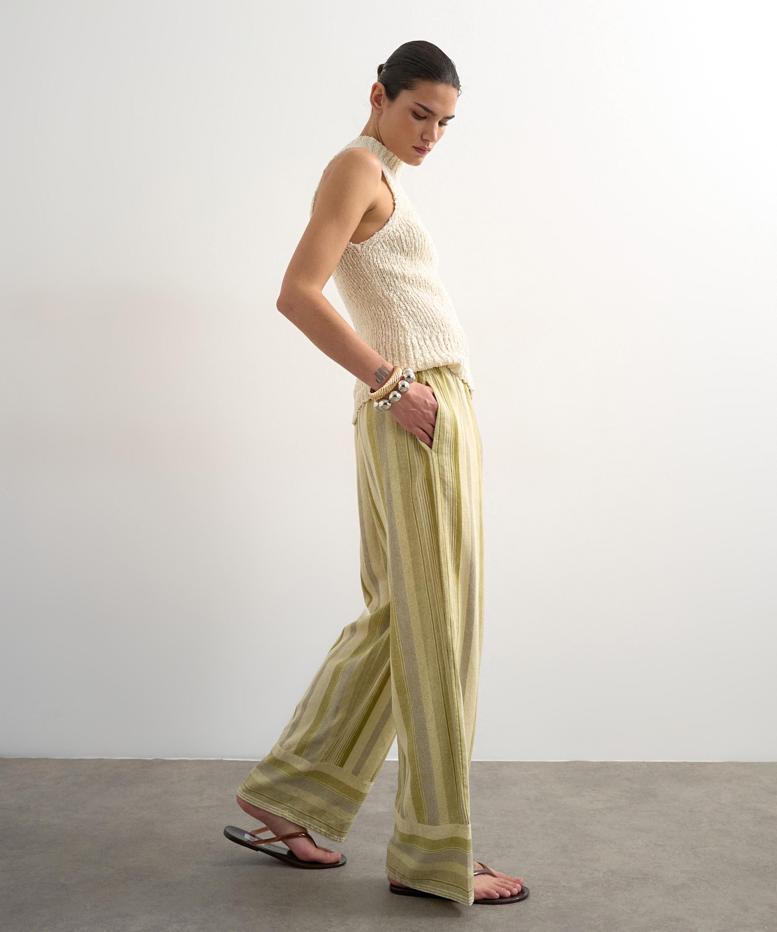 TOPSHOP - Green Multi-Stripe Linen Stripe Straight Trousers image number 3