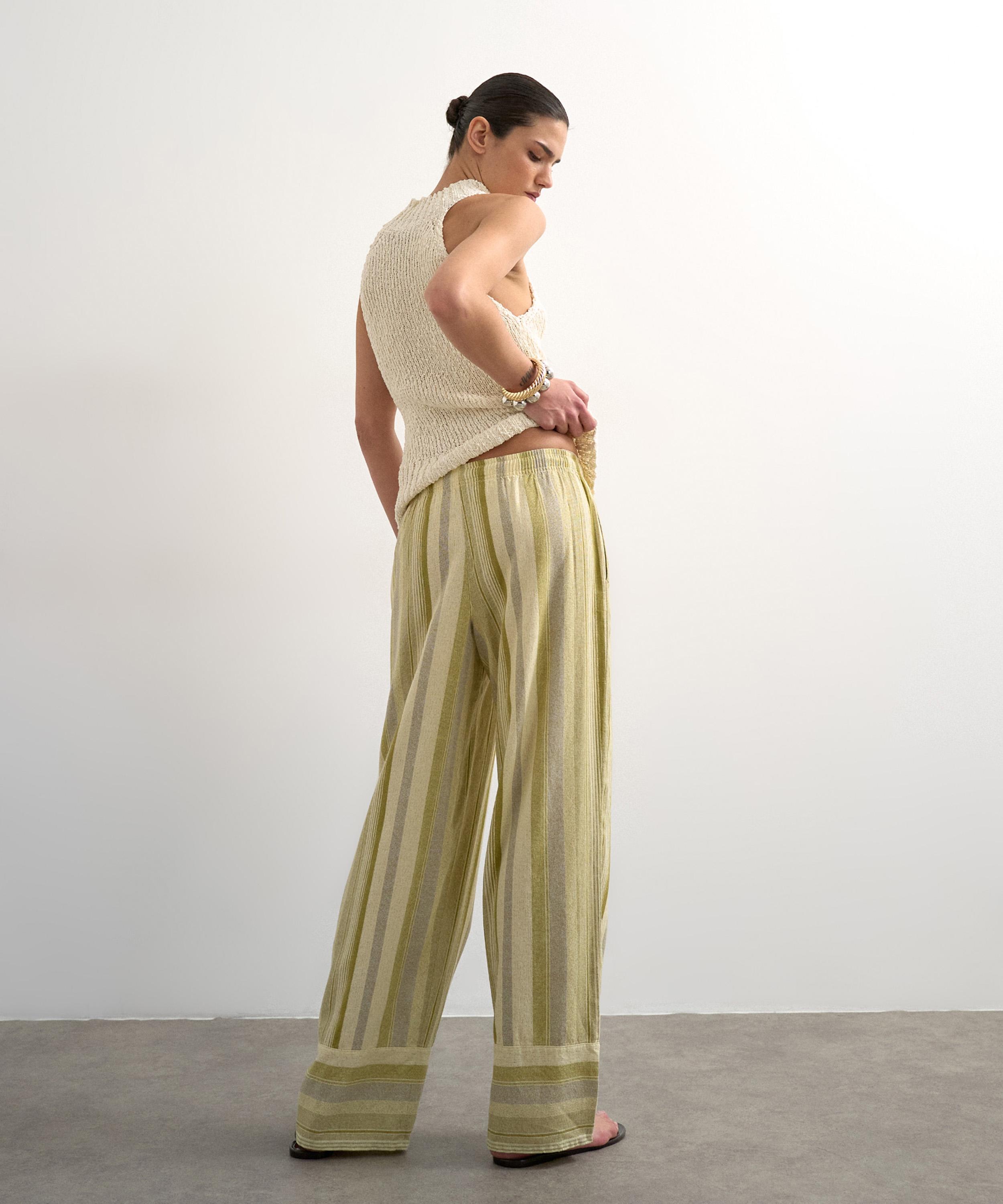 TOPSHOP - Green Multi-Stripe Linen Stripe Straight Trousers image number 4