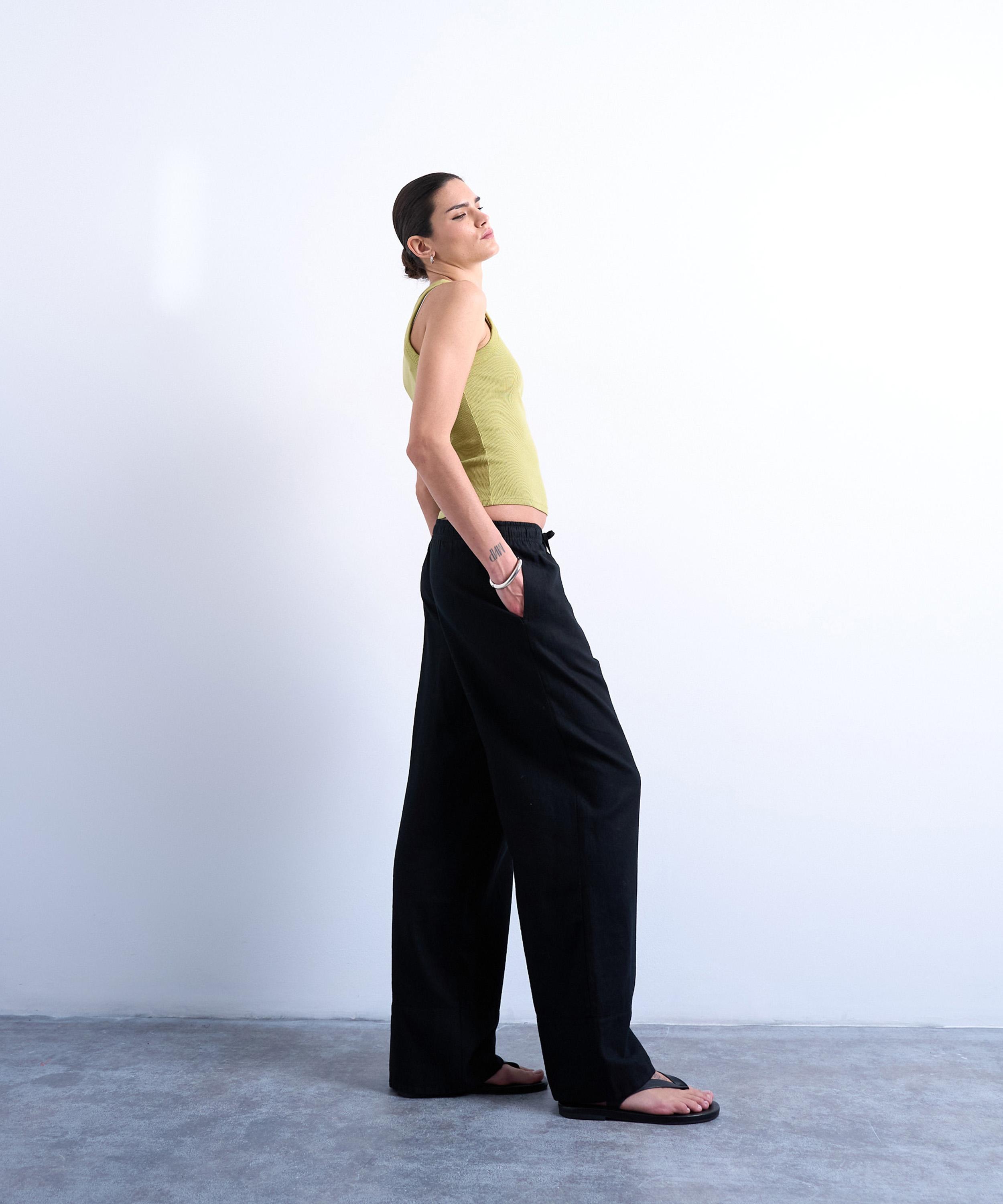 TOPSHOP - Black Linen Straight-Leg Trousers image number 1