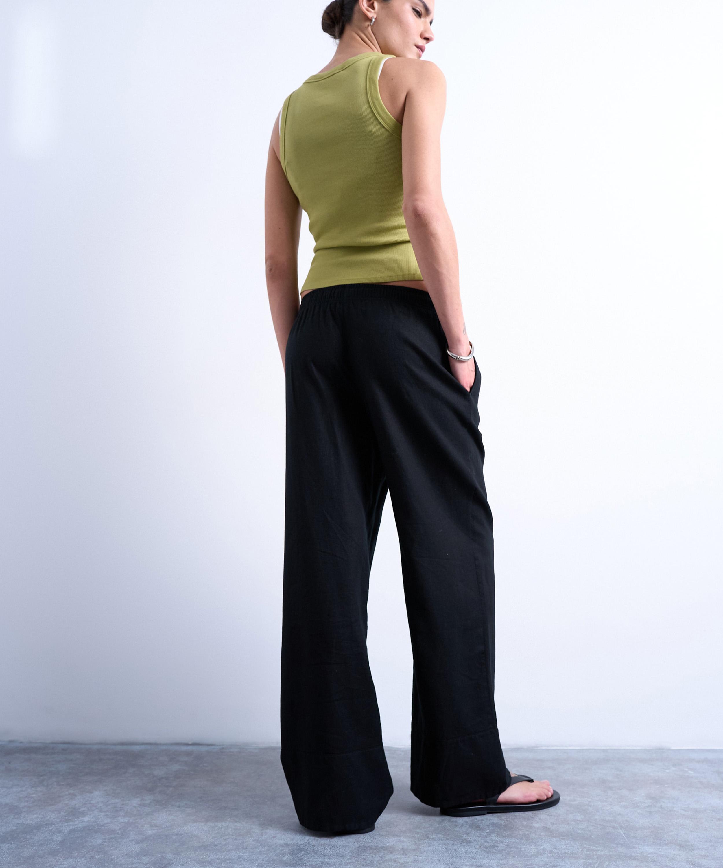 TOPSHOP - Black Linen Straight-Leg Trousers image number 3