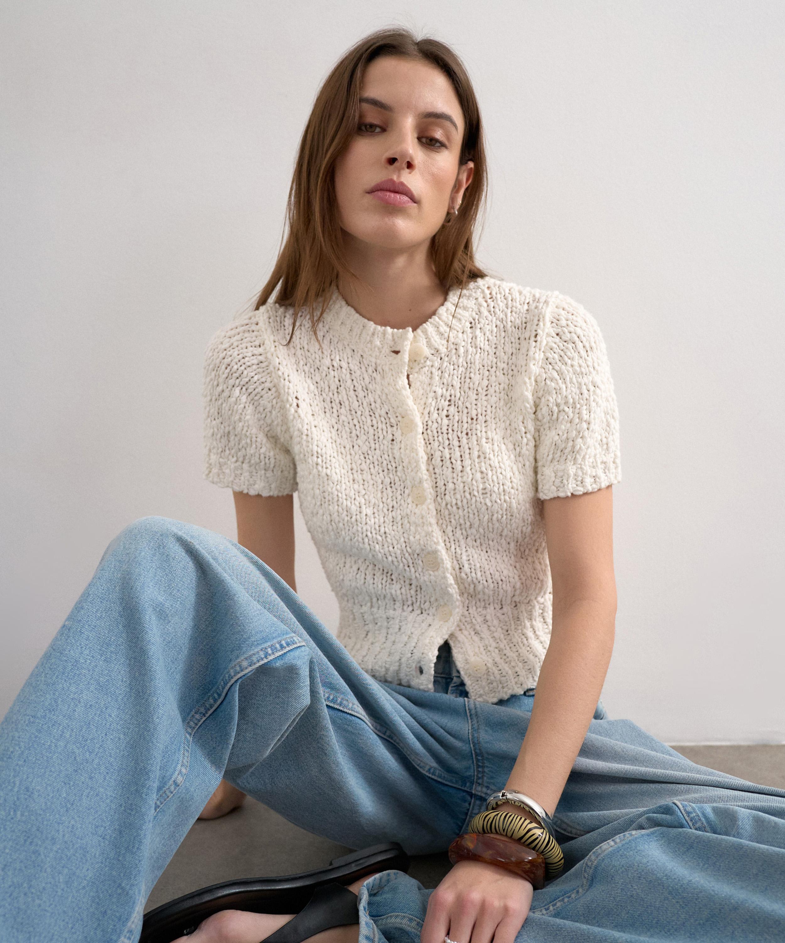 TOPSHOP - Ivory Knitted Textured Short-Sleeve Cardigan image number 1