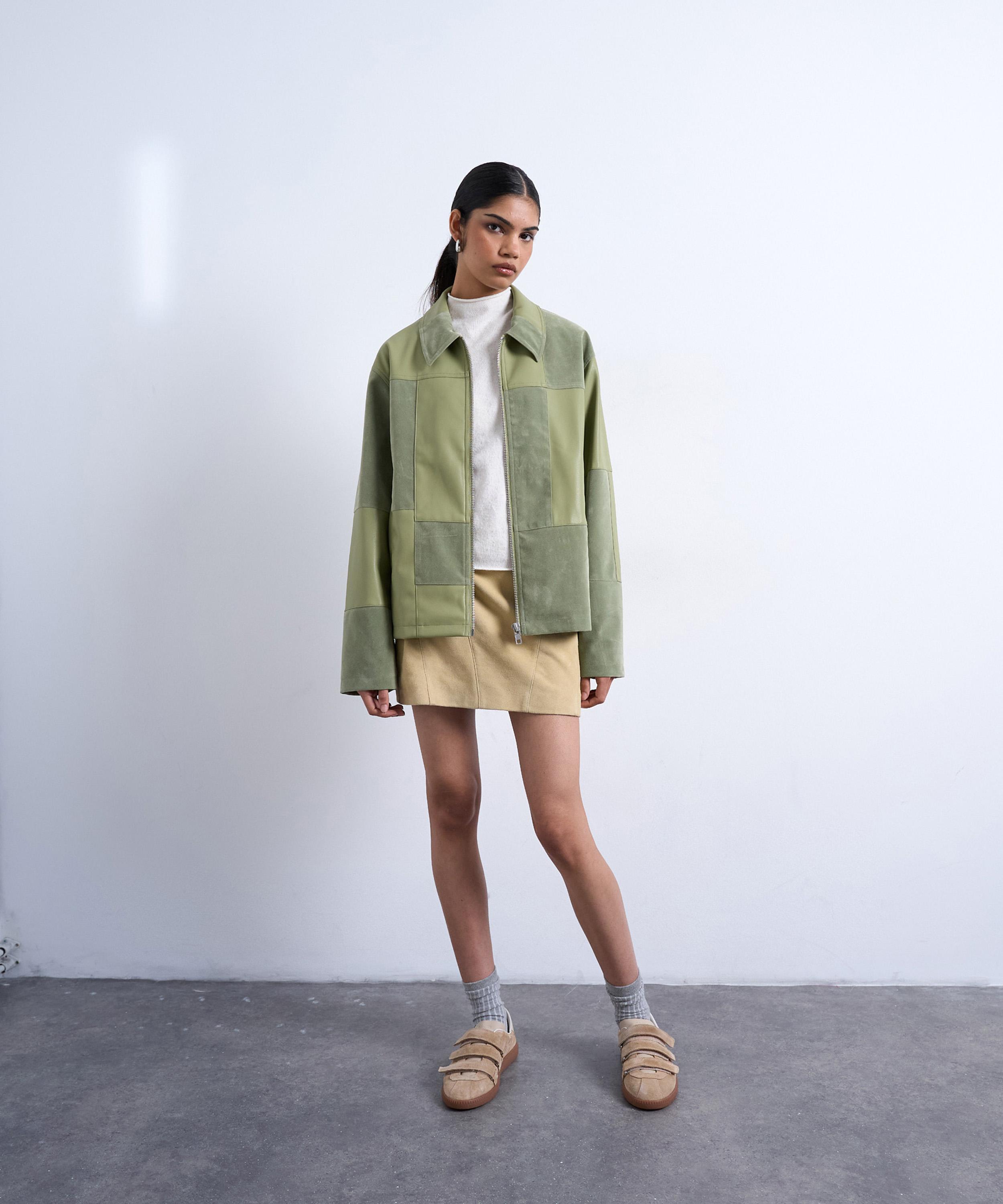 TOPSHOP - Green Faux Leather Patchwork Suede Zip Jacket
