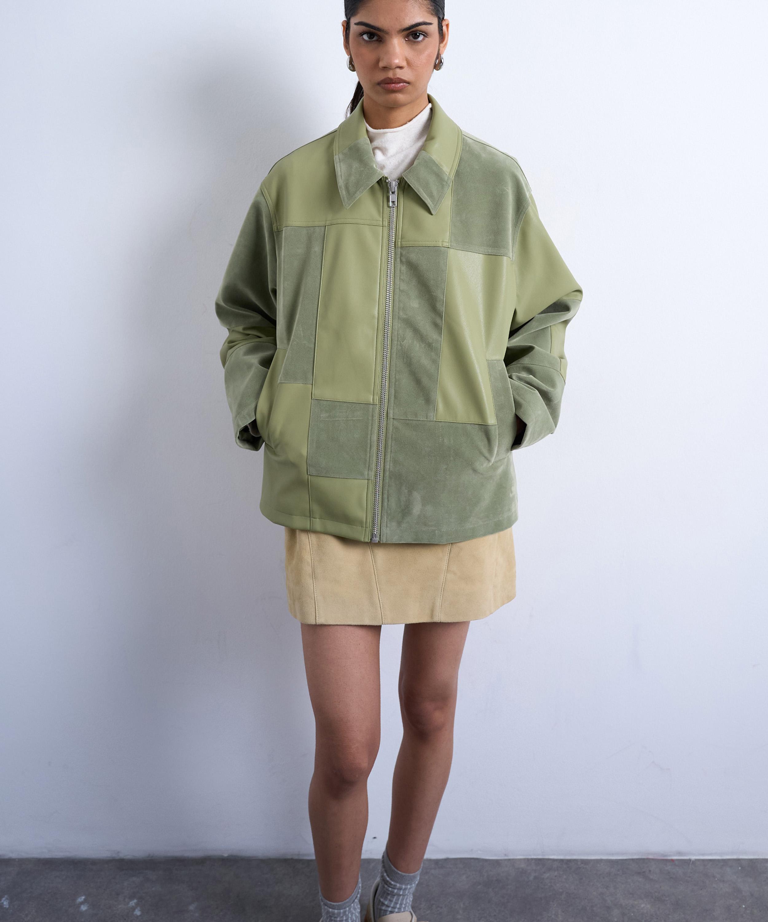 TOPSHOP - Green Faux Leather Patchwork Suede Zip Jacket image number 1